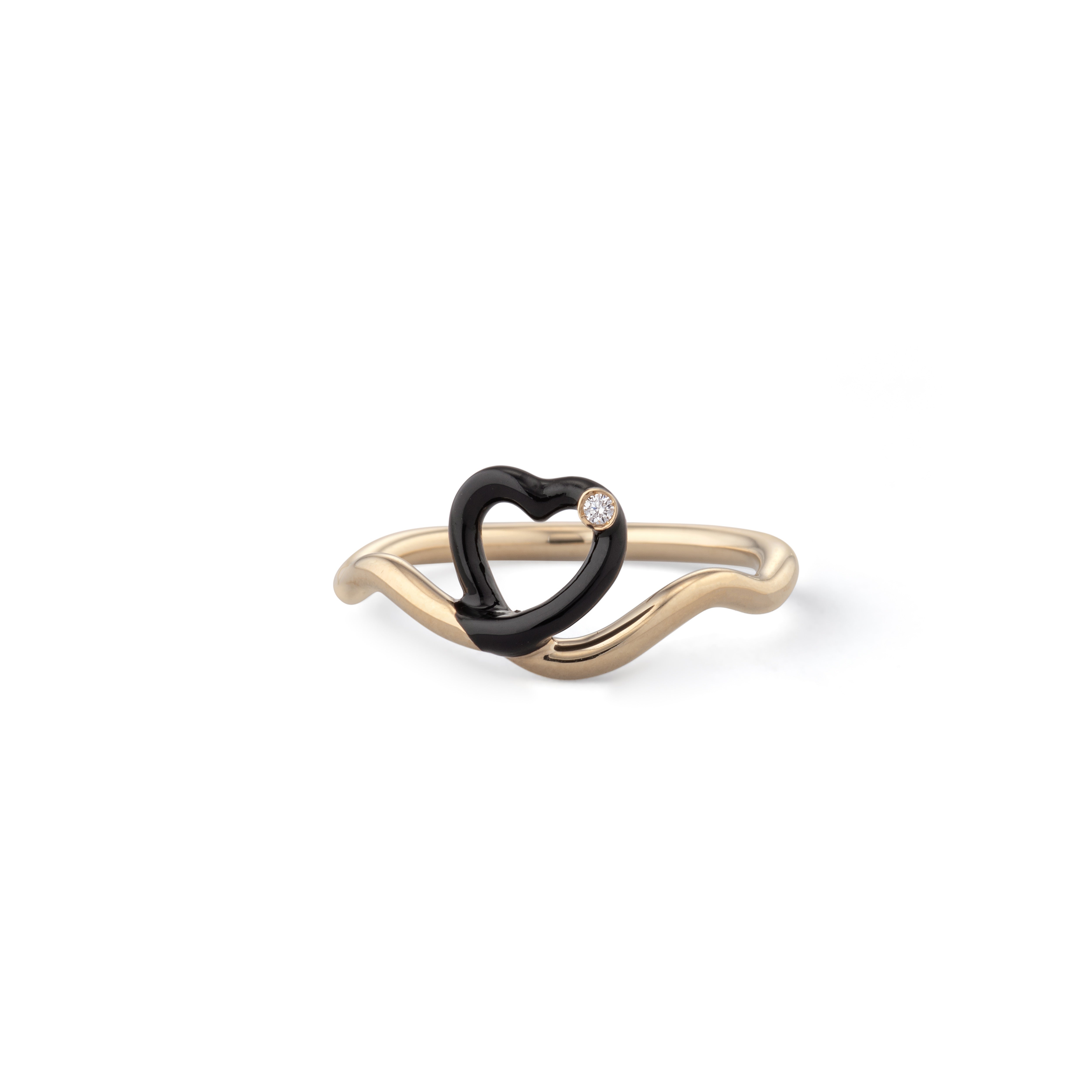 9k yellow gold black enamel and diamond heart ring by Bea Bongiasca Tiny Gods