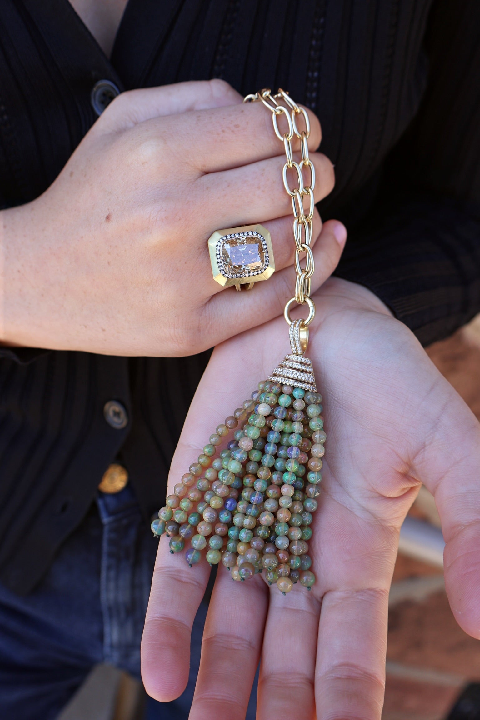 18k yellow gold black opal beaded tassel necklace pendant with diamonds on oval link chain by Goshwara Tiny Gods