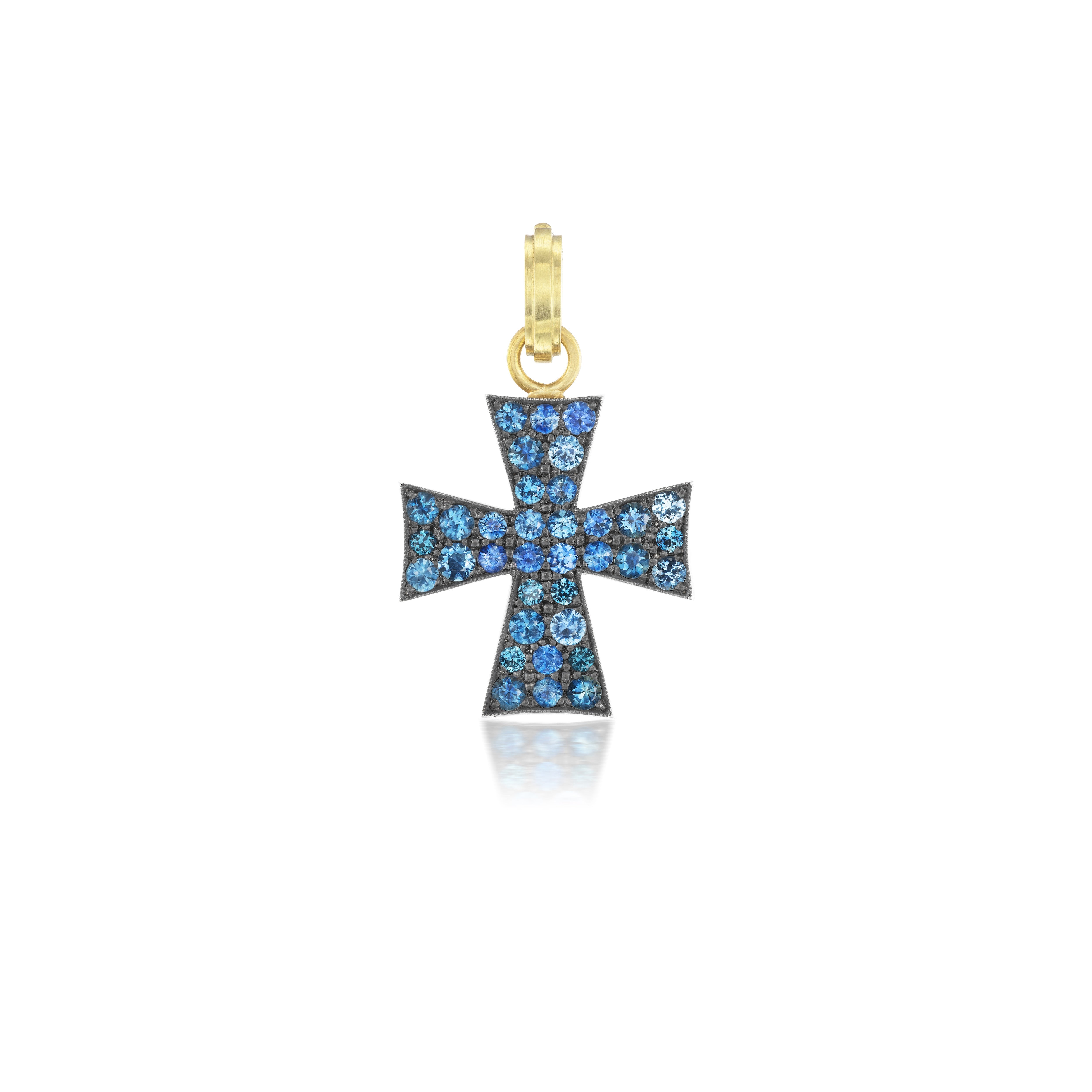 18k yellow gold and silver blue sapphire Maltese cross pendant by Sylva & Cie Tiny Gods