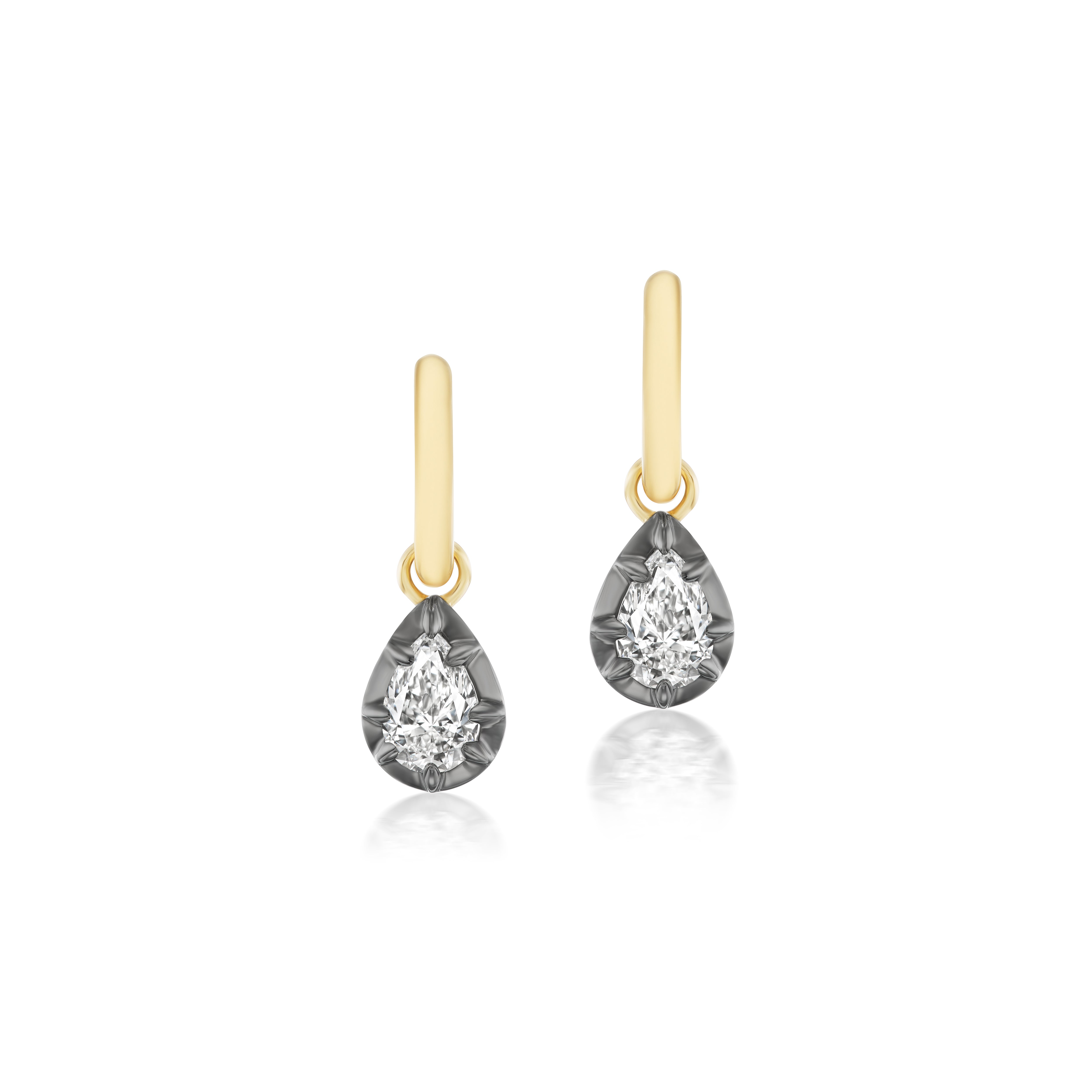 18k yellow and white gold with black rhodium contrast pear shaped diamond semi hoop earrings claw prong Georgian style drop earrings by Tiny Gods