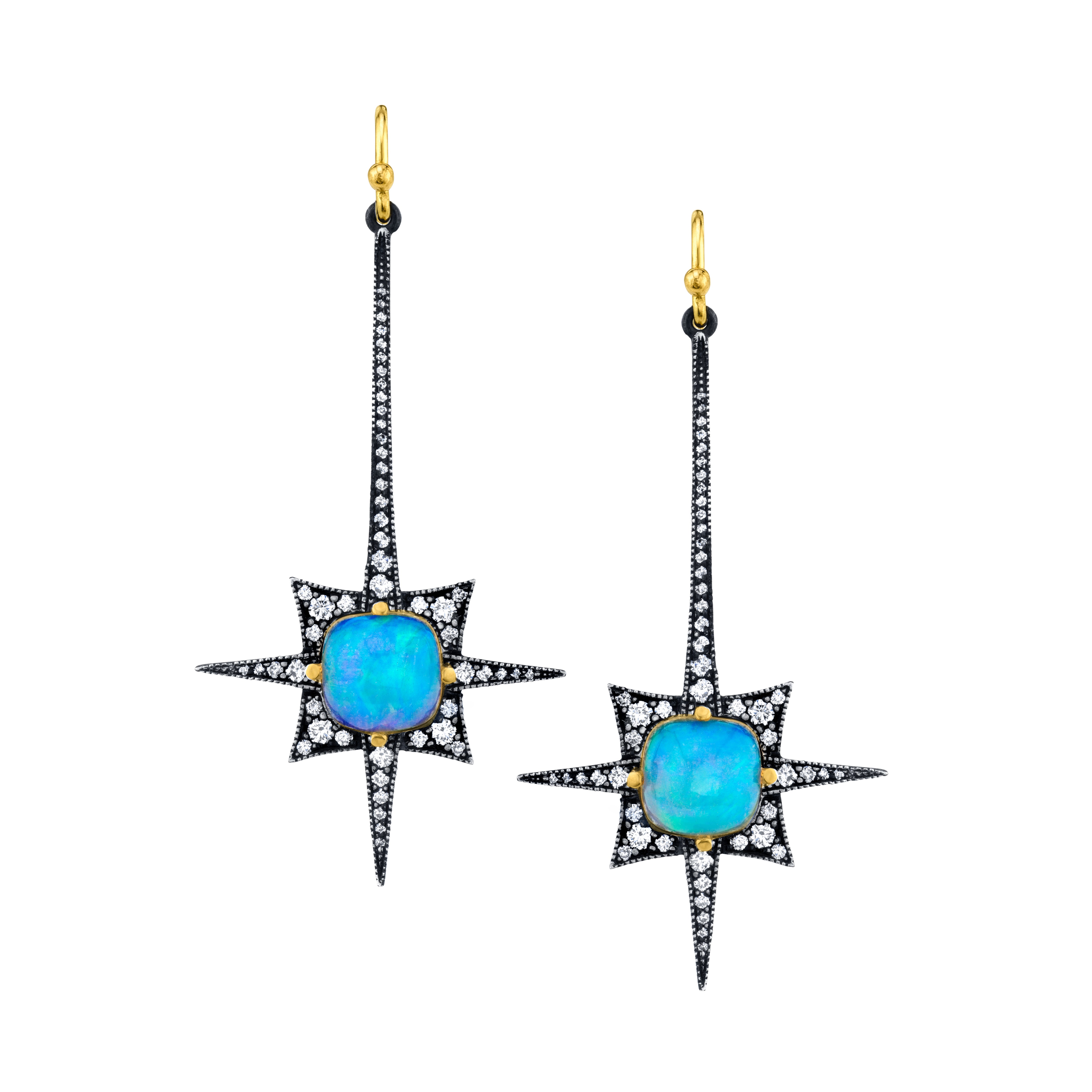 18k yellow gold drop diamond opal starburst earrings by Arman Sarkisyan Tiny Gods