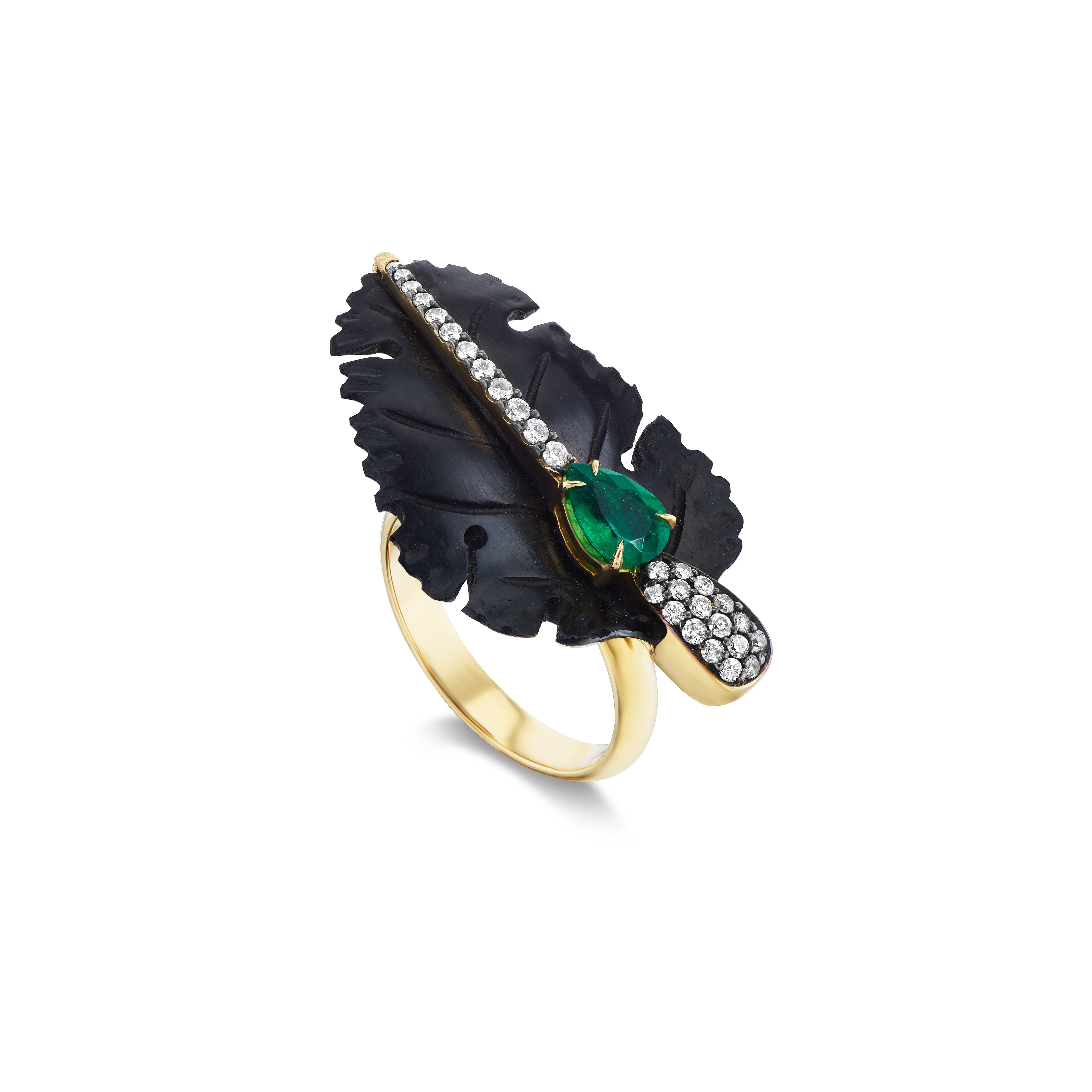 18k yellow gold marquetry black feather ring with emerald and diamond silvia furmanovich at tiny gods