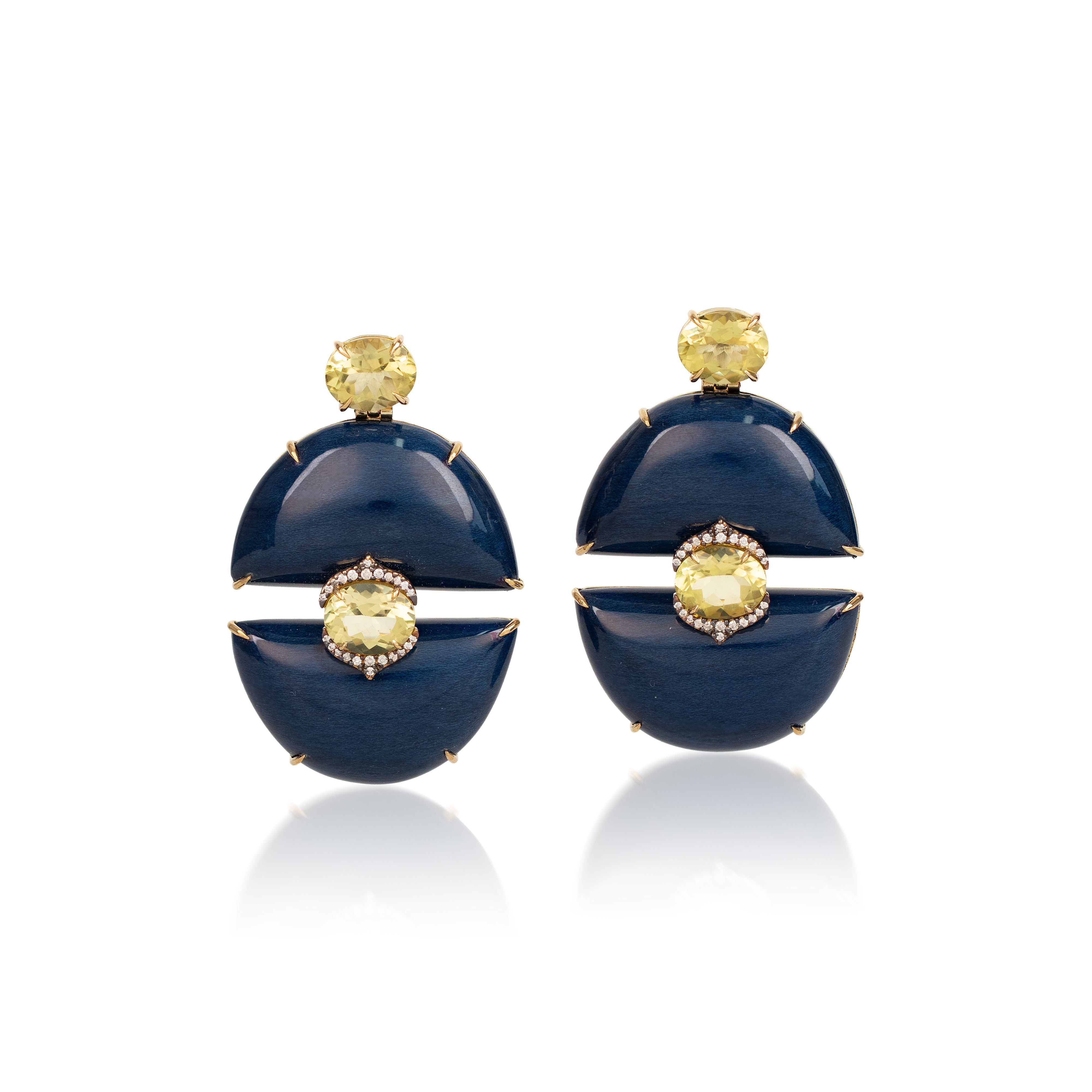 18k yellow gold blue wood marquetry semi circle earrings with pale yellow green semi precious stones by Silvia Furmanovich Tiny Gods