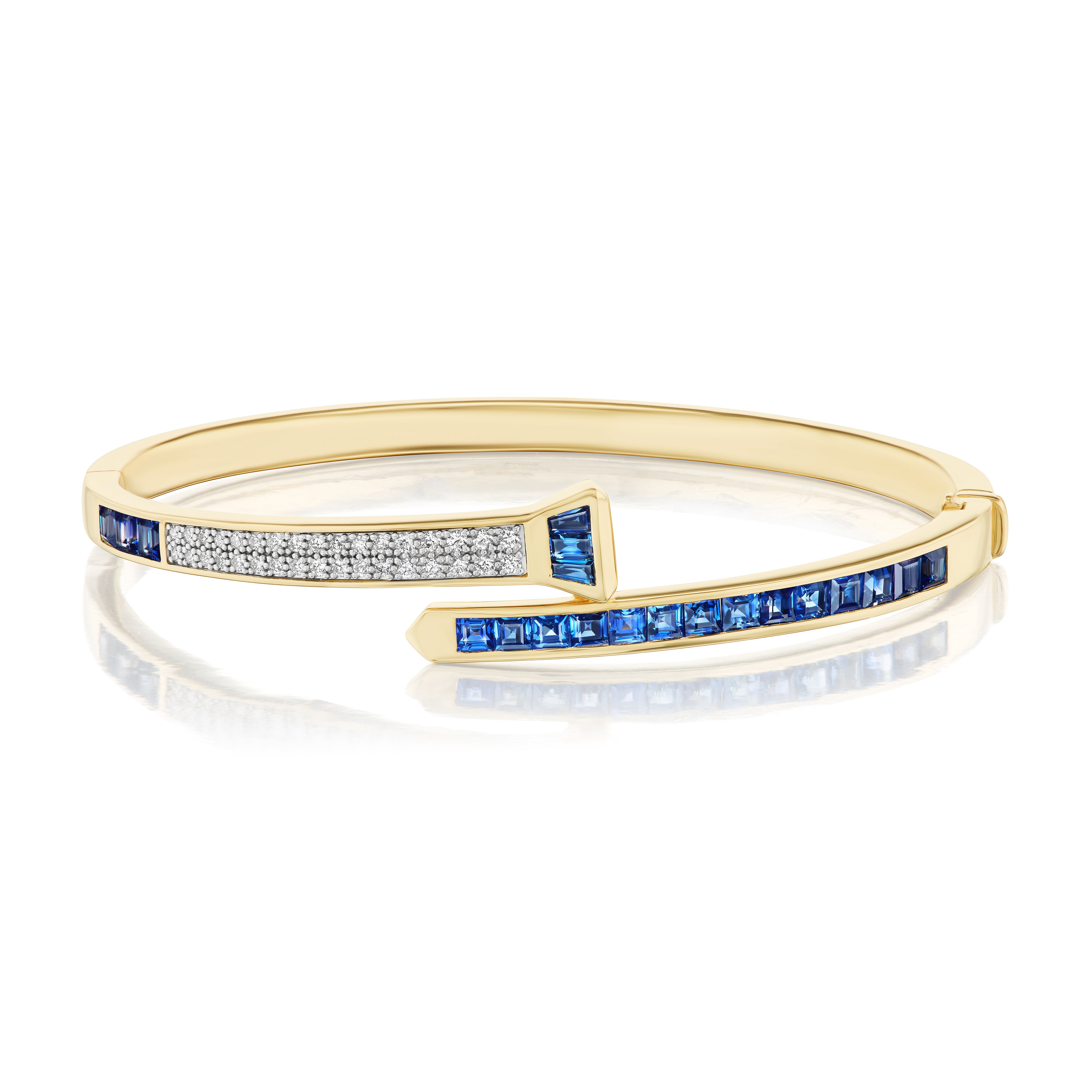 14k yellow gold lucky one blue sapphire carre cut with diamond pave horseshoe nail bangle bracelet by Lucy Delius Tiny Gods