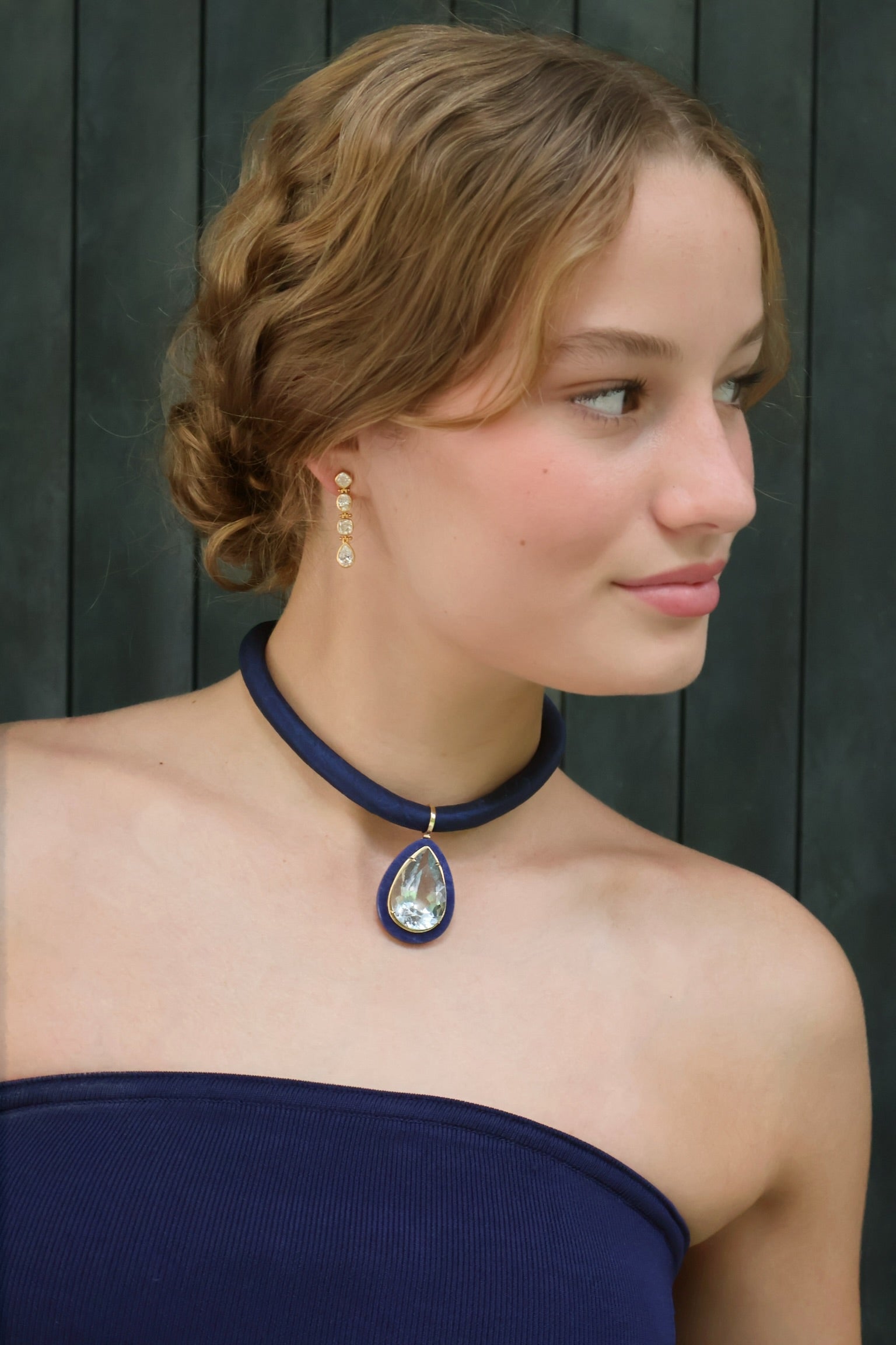18k yellow gold pear blue topaz and dumortierite frames choker necklace on chubby blue silk chord by Sauer Tiny Gods