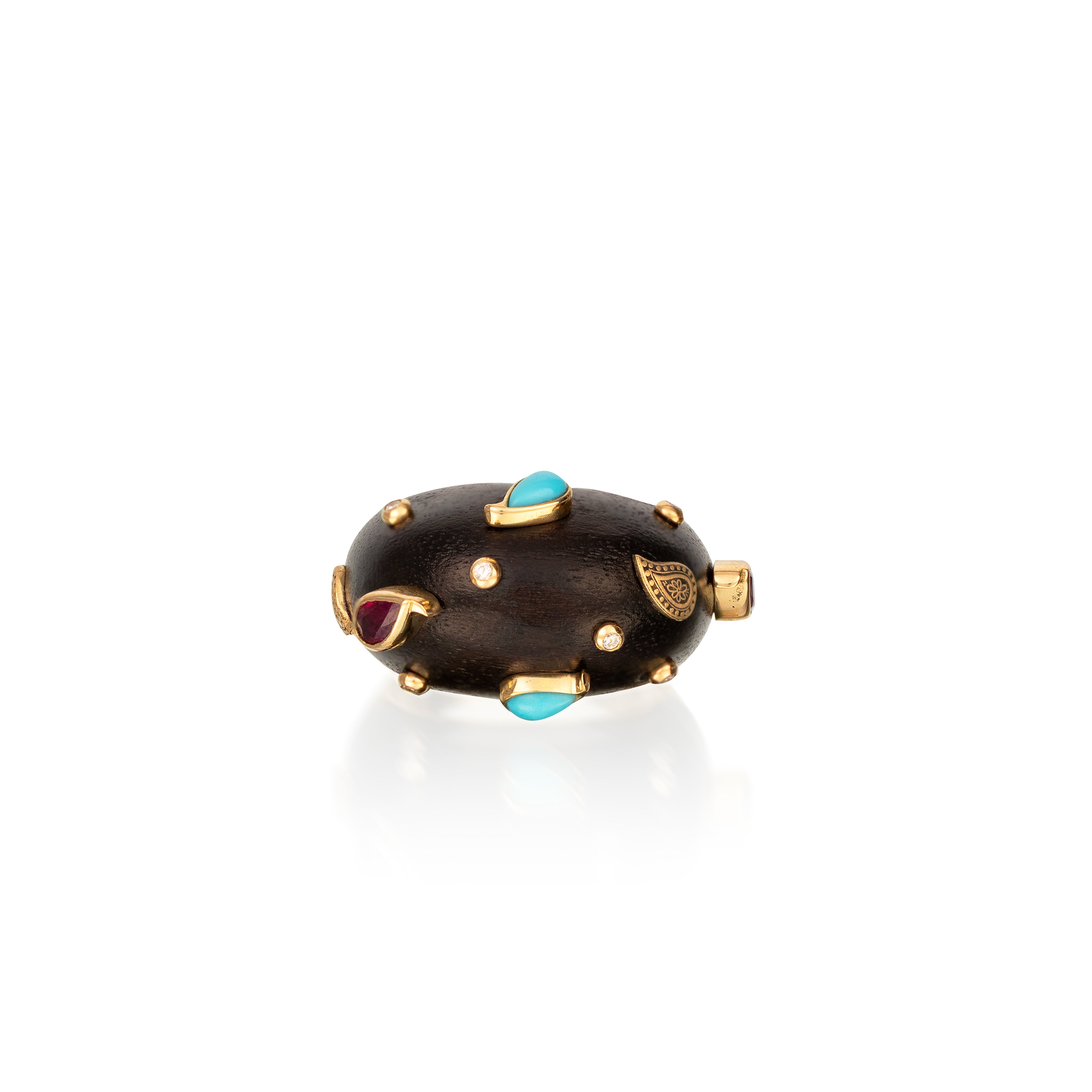 18k yellow gold Brauna wood domes bomba ring with diamonds, rubies and turquoise by Silvia Furmanovich Tiny Gods