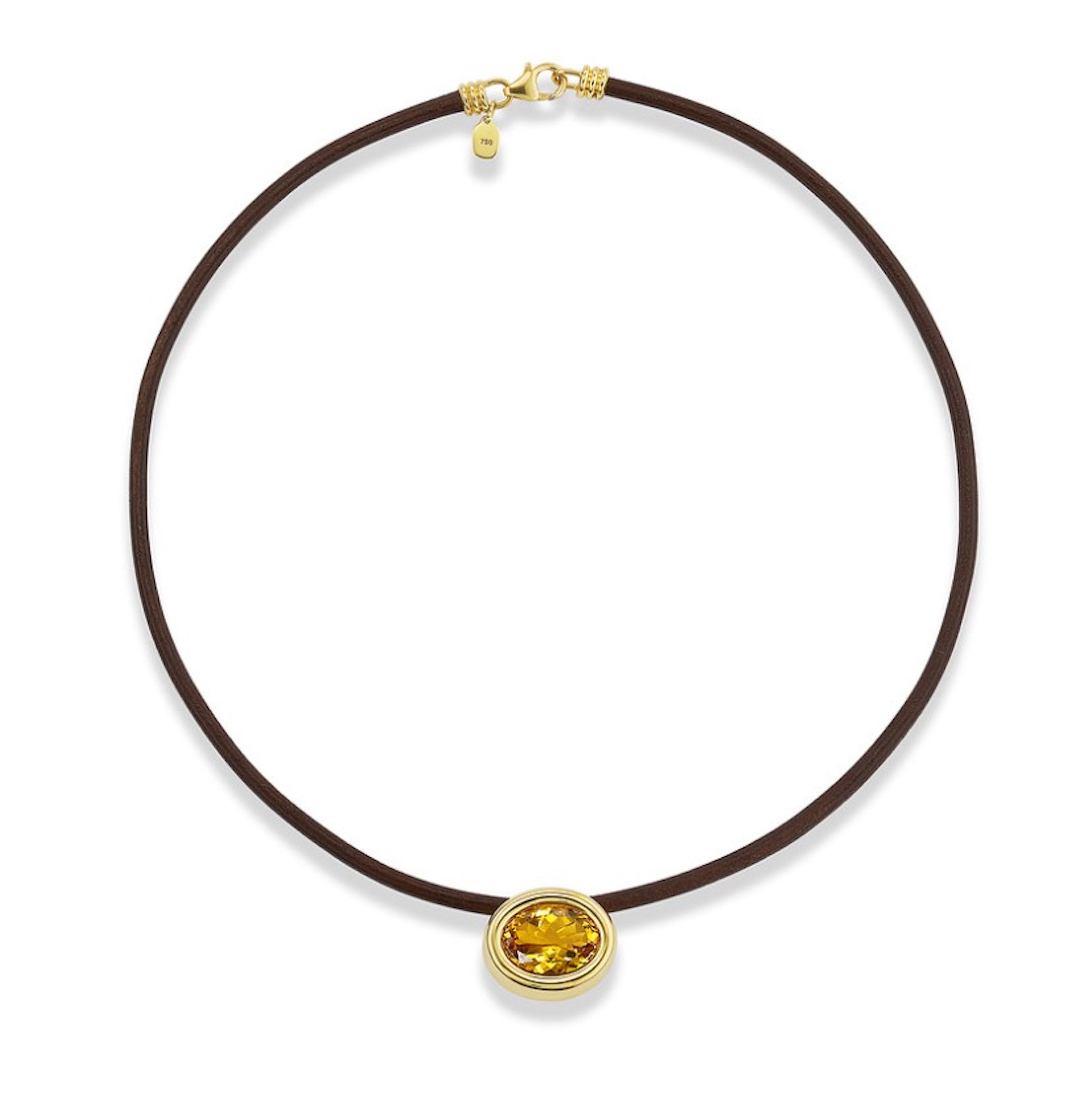 18k yellow gold brown leather cord scuba citrine bezel choker pendant necklace beck tiny gods