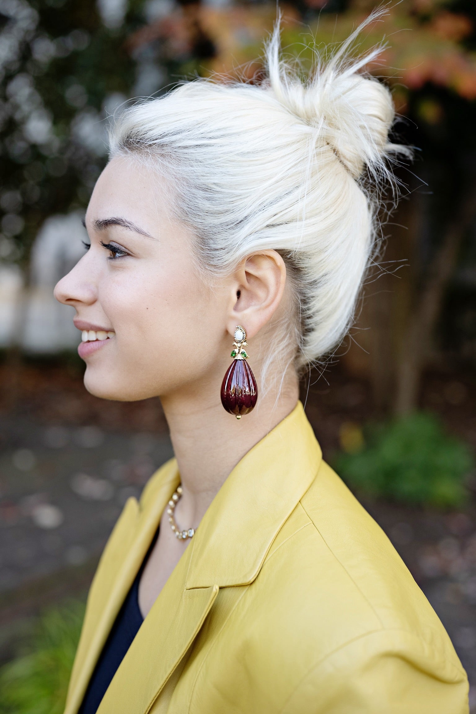 18k yellow gold burgundy lacquered marquetry teardrop earrings with birds tsavorite wings and white opal earrings by Silvia Furmanovich Tiny Gods