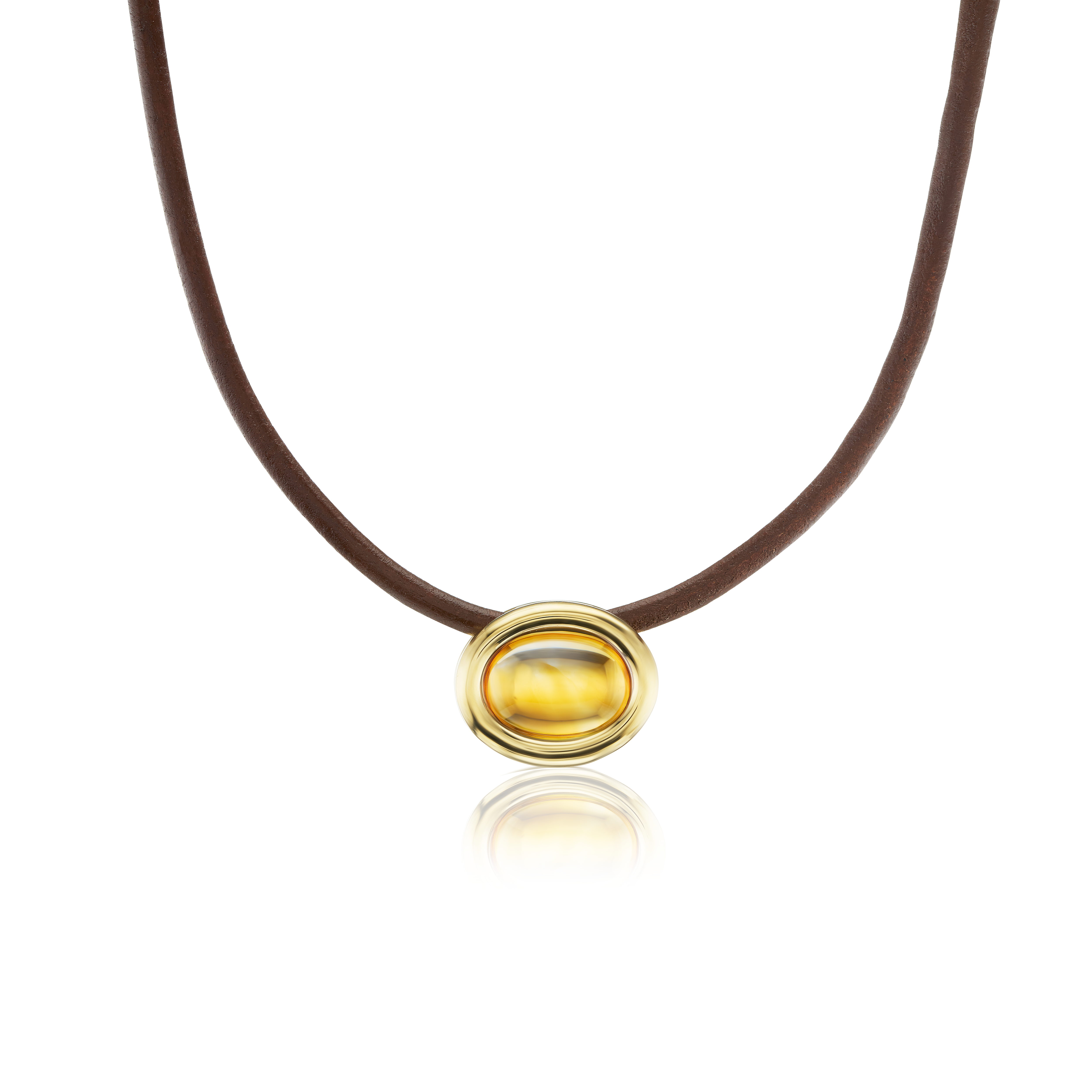 18k yellow gold chubby setting oval cabochon citrine pendant on a brown leather cord choker necklace by Beck Tiny gods