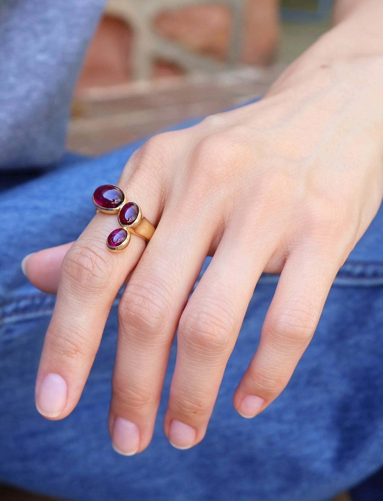 18k yellow gold cabochon pink sapphire Phoebe ring by Jade Ruzzo Tiny Gods