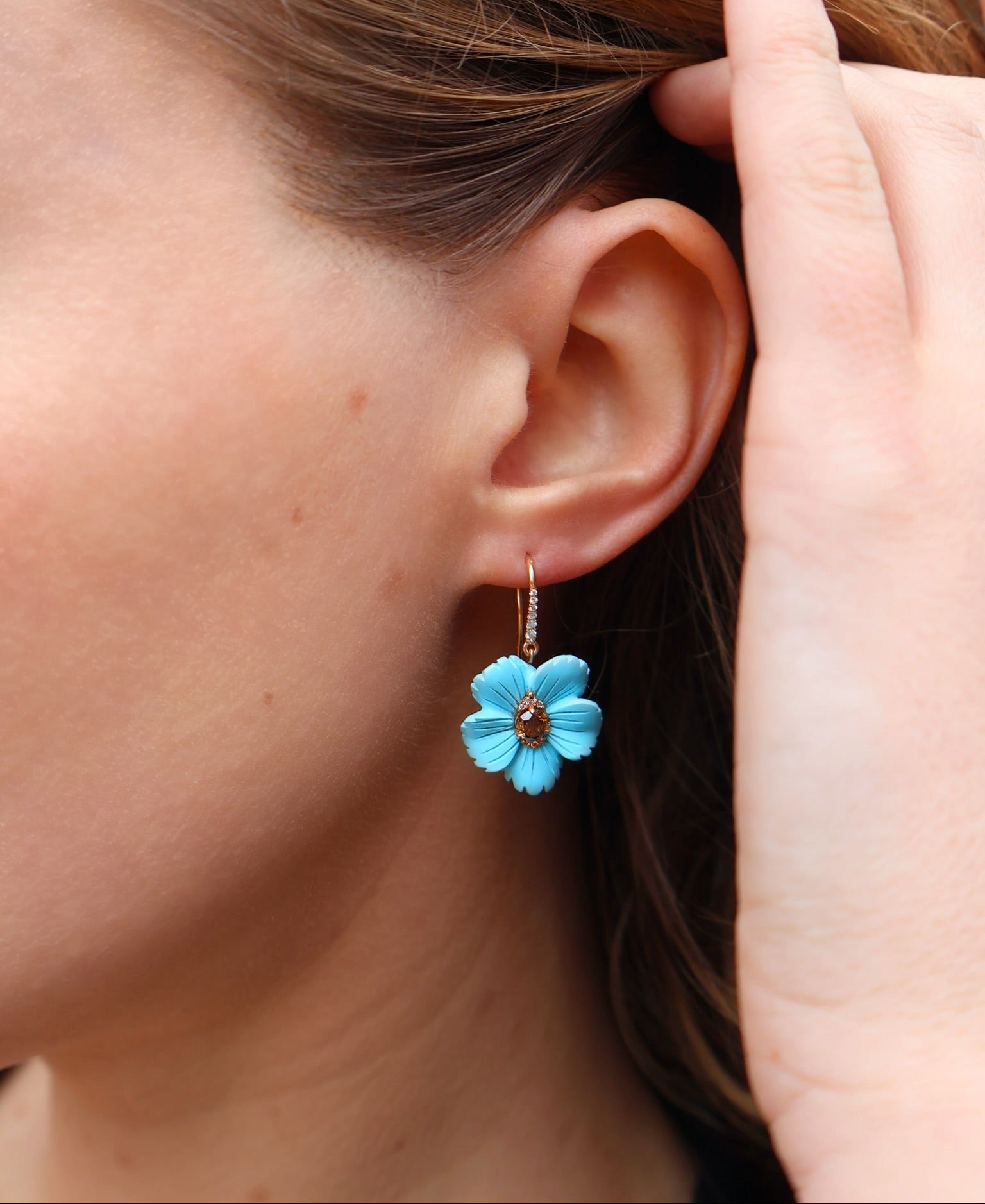 18k yellow gold brown diamond carved blue turquoise flower drop earrings with diamonds by Guita M Tiny Gods