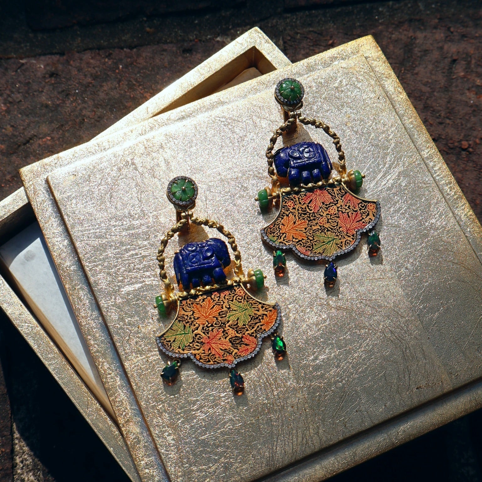 18k yellow gold lapis elephant paper mache leaf print with black opal, green opal and diamond swinging earrings by Silvia Furmanovich Tiny Gods