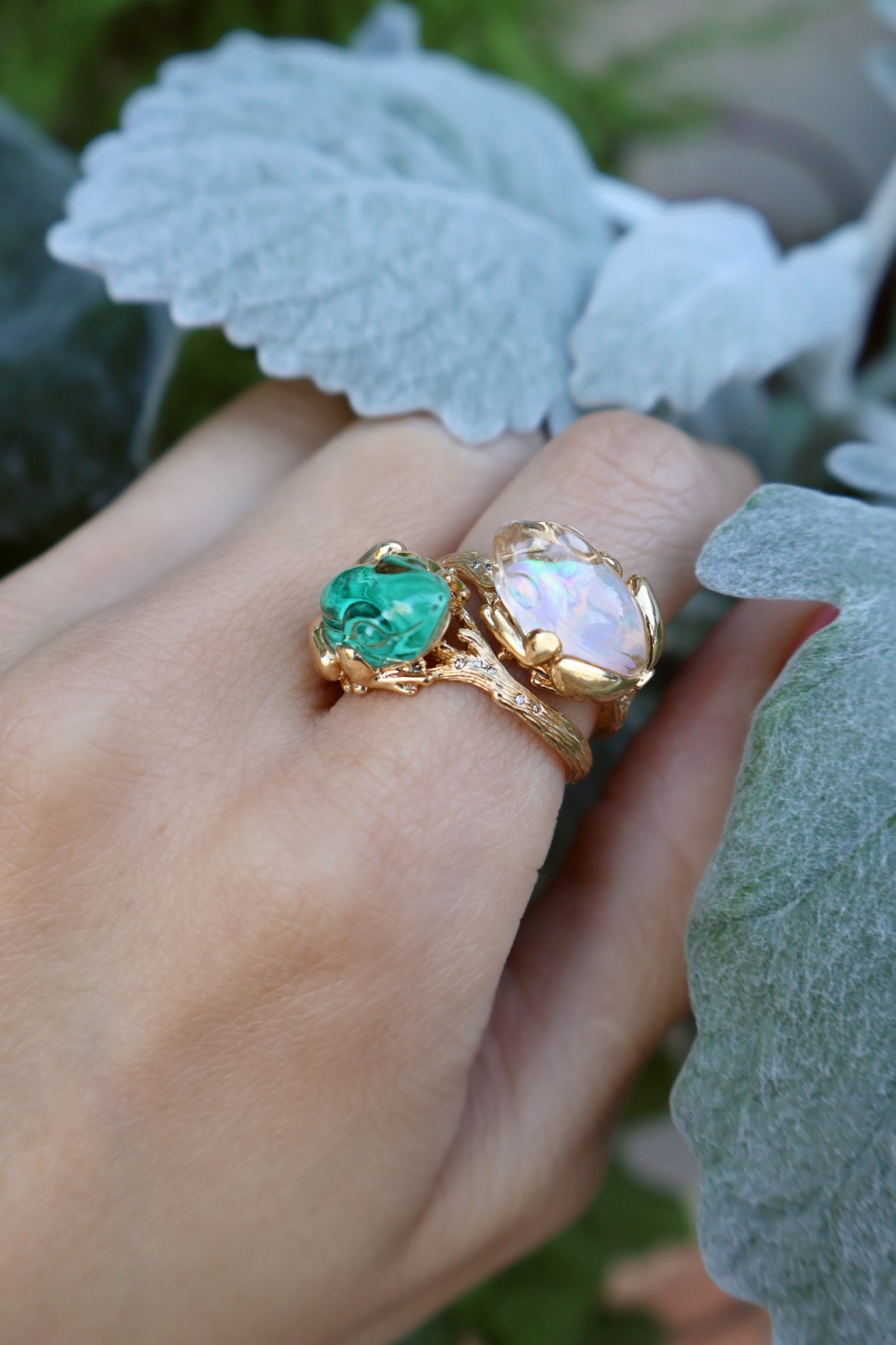 18k yellow gold opal and carved white quartz frog ring by Bibi van der Velden Tiny Gods