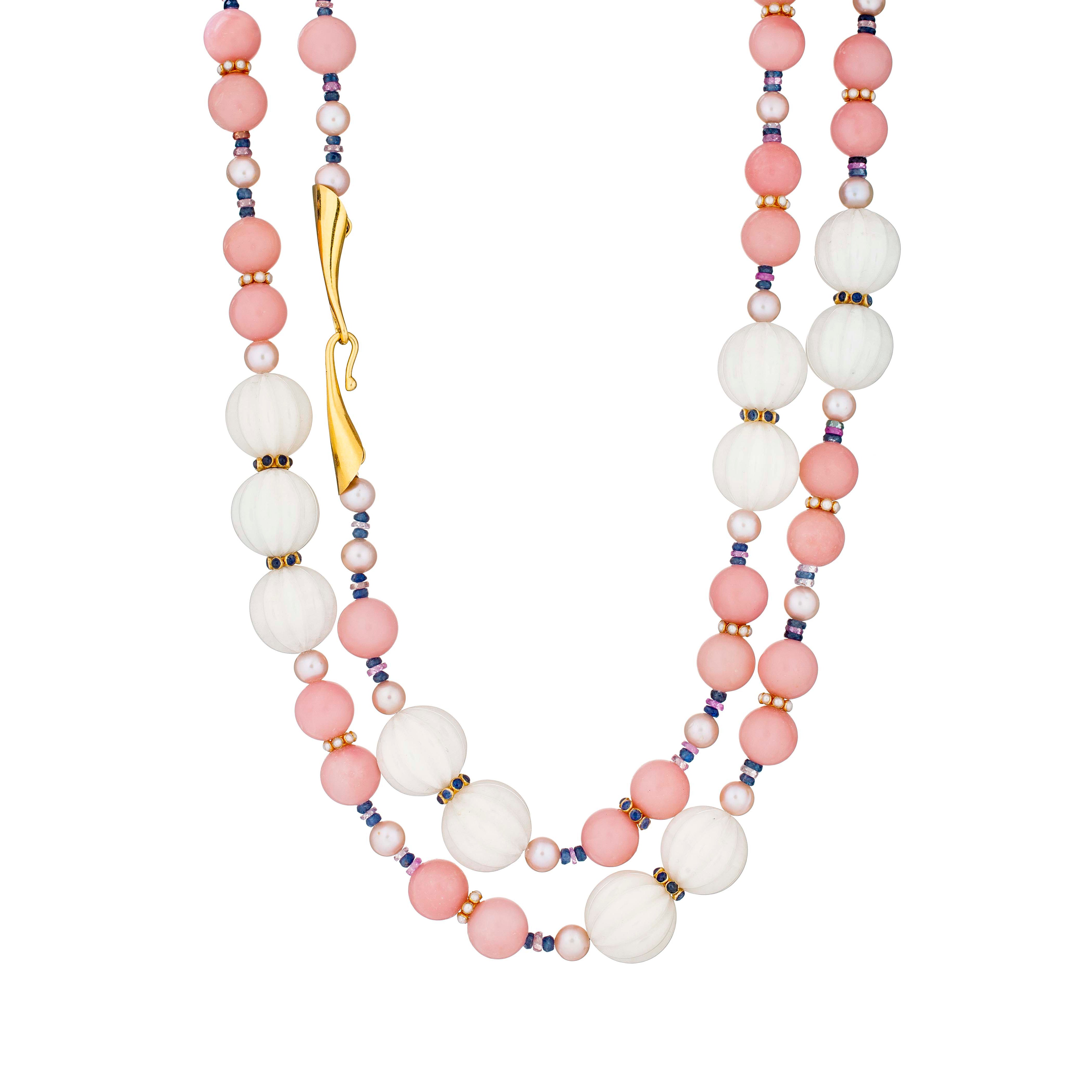 18k yellow gold melon carved white jade and pink opal beaded necklace with pink pearls and rondelle beads with blue sapphires and white pearls by Guita M Tiny Gods