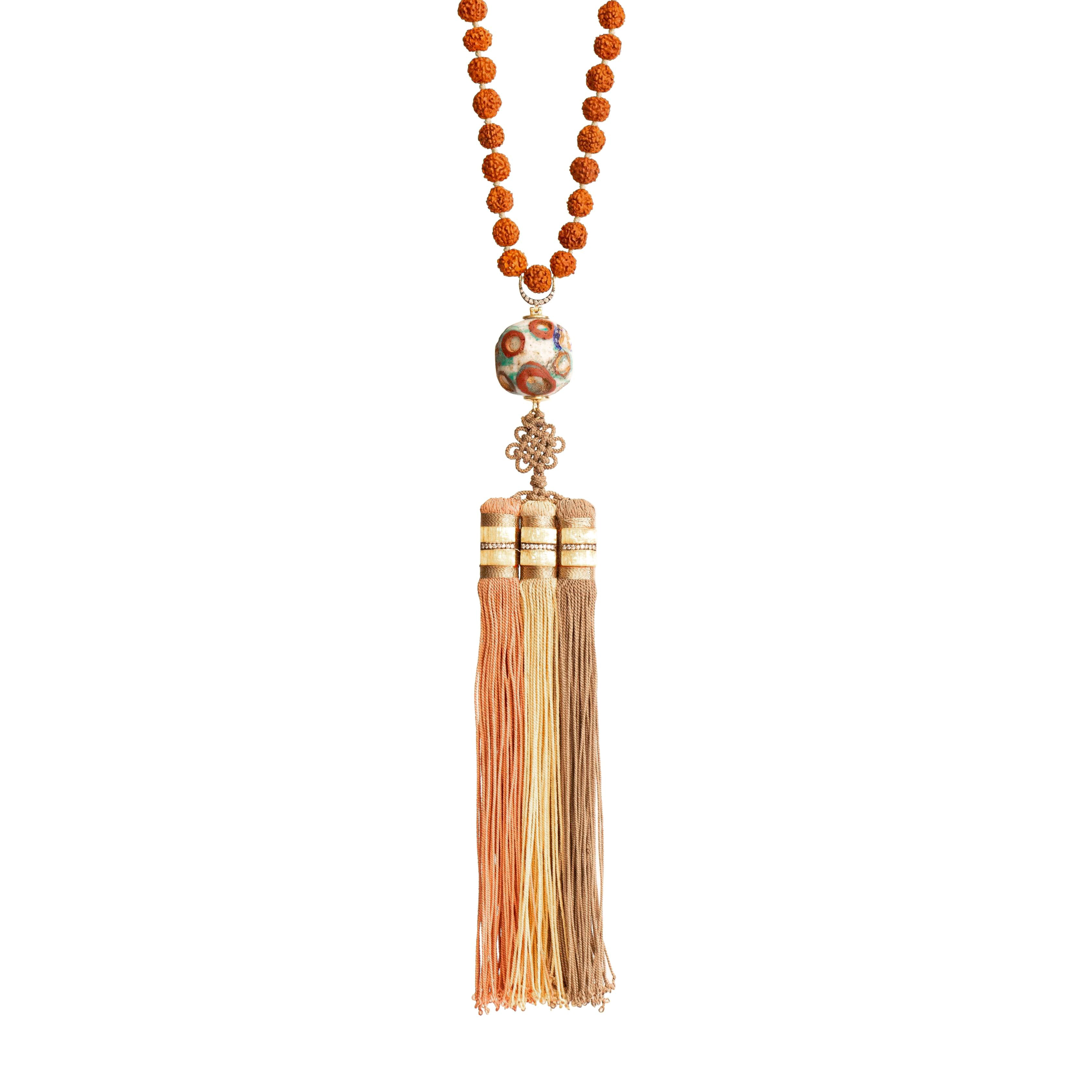 18k yellow gold diamond ceramic bead and pompom tassel necklace by Silvia Furmanovich Tiny Gods