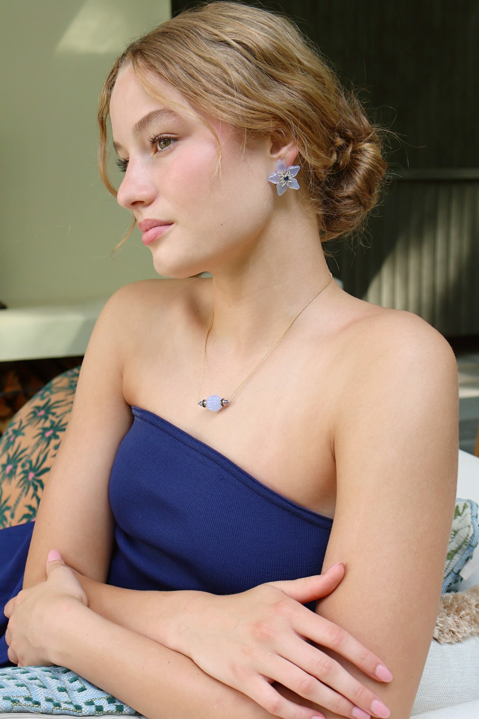 18k yellow gold carved candy chalcedony pendant with black diamonds and tanzanite necklace by Tallin Tiny Gods