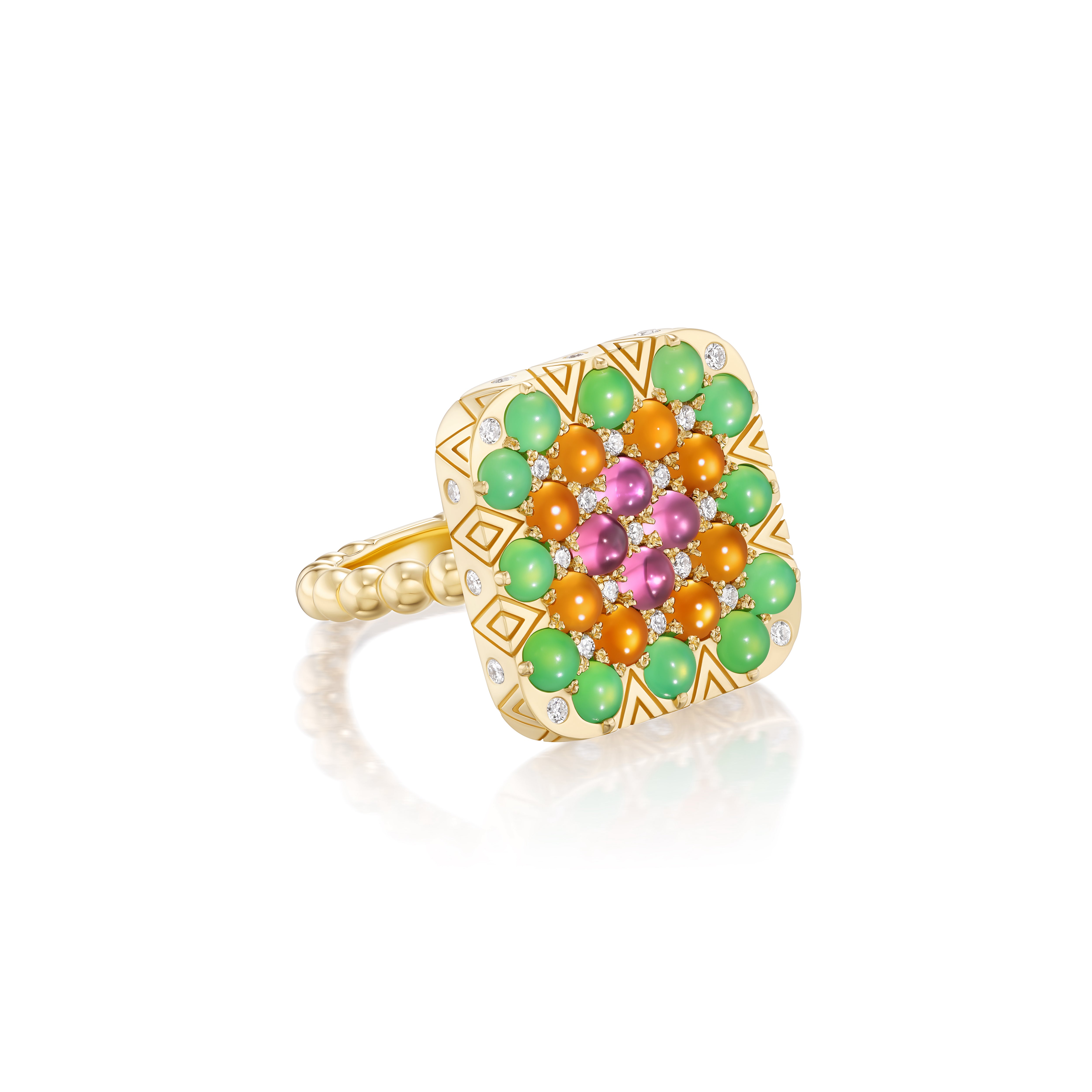 18k yellow gold Peggy granny square green chrysoprase, pink tourmaline and carnelian ring by Harwell Godfrey Tiny Gods