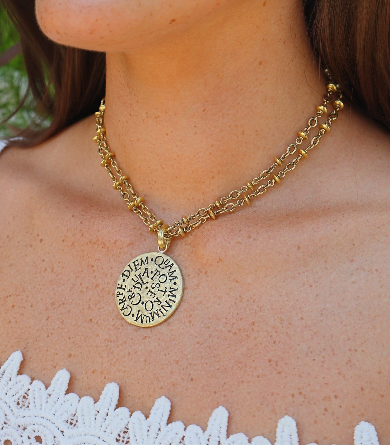18k yellow gold “Carpe Diem Quam Minimum Credula Postero” coin medallion pendant by Sylva & Cie Tiny Gods