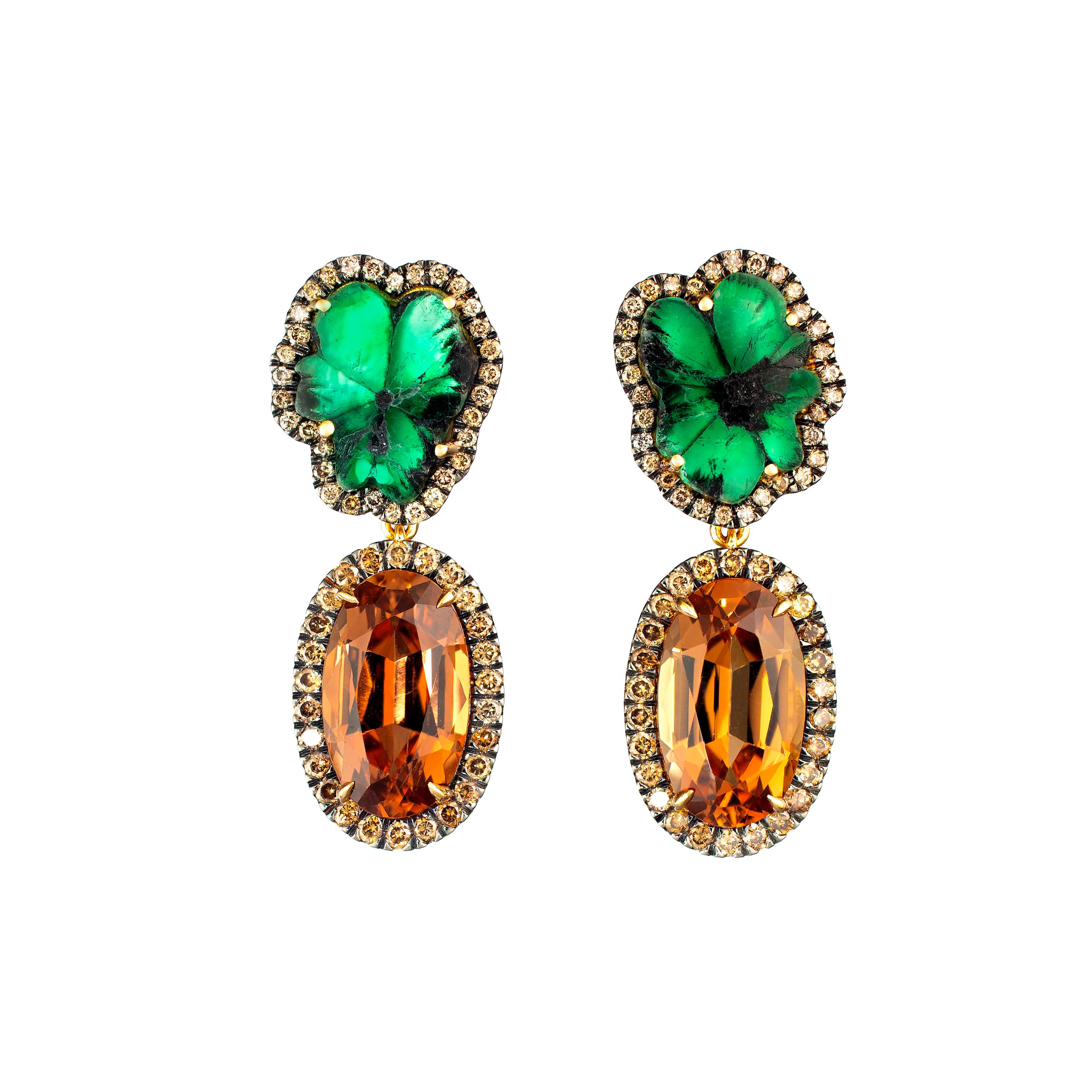 18k yellow gold Columbia trapiche emerald and bronze tourmaline diamond dangle drop earrings by Guita M Tiny Gods