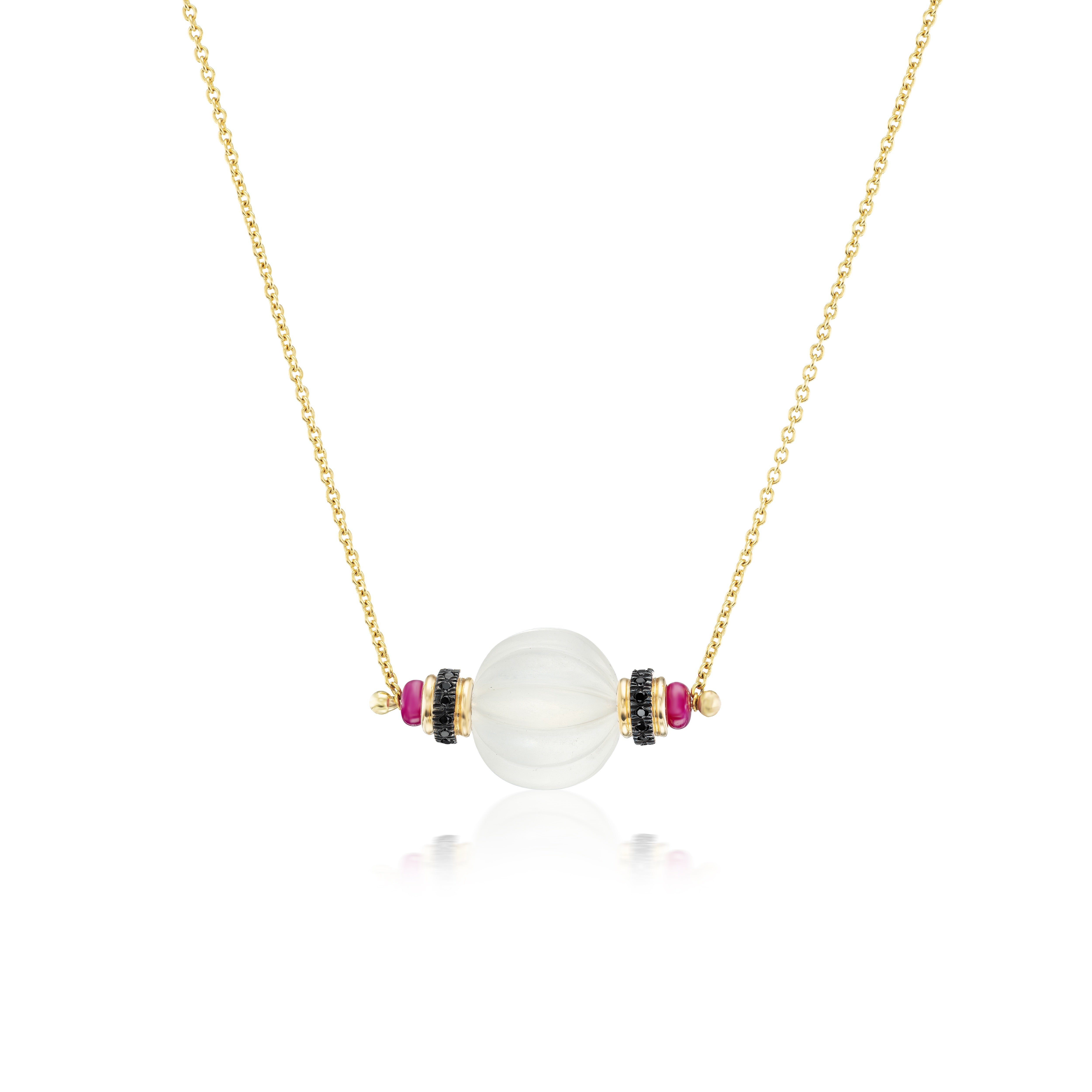 18k yellow gold cared crystal candy pendant with black diamonds and ruby necklace by Tallin Tiny Gods