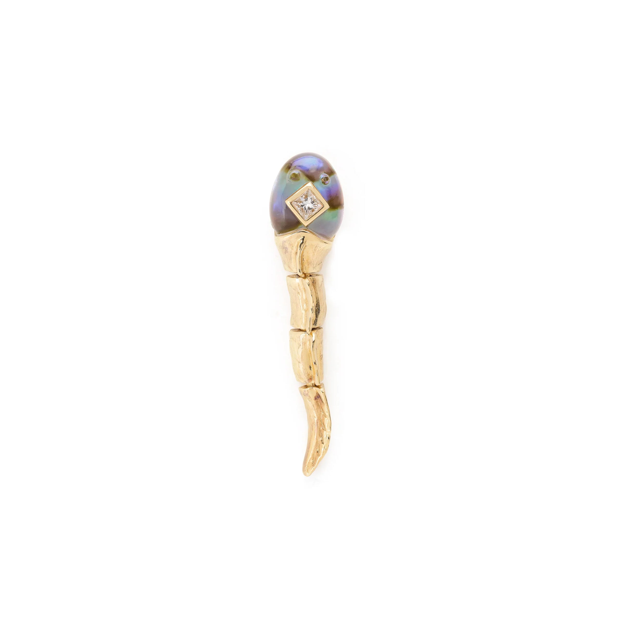 18k yellow gold diamond crystal carved abalone shell tadpole earring by Bibi van der Velden Tiny Gods
