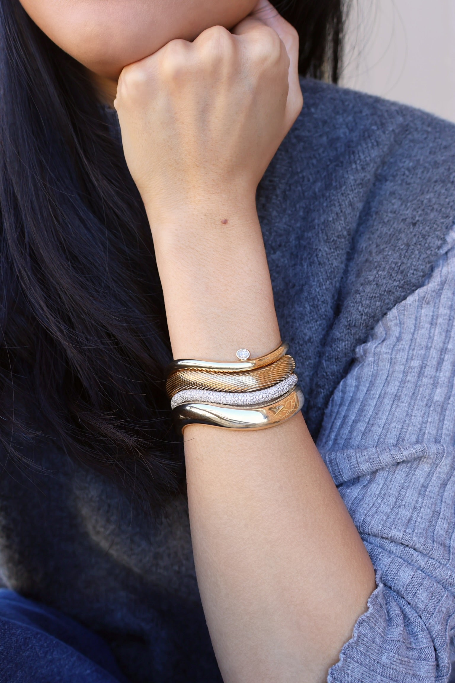 14k yellow gold thin illusion diamond bezel set illusion bangle bracelet by Rainbow K Tiny Gods