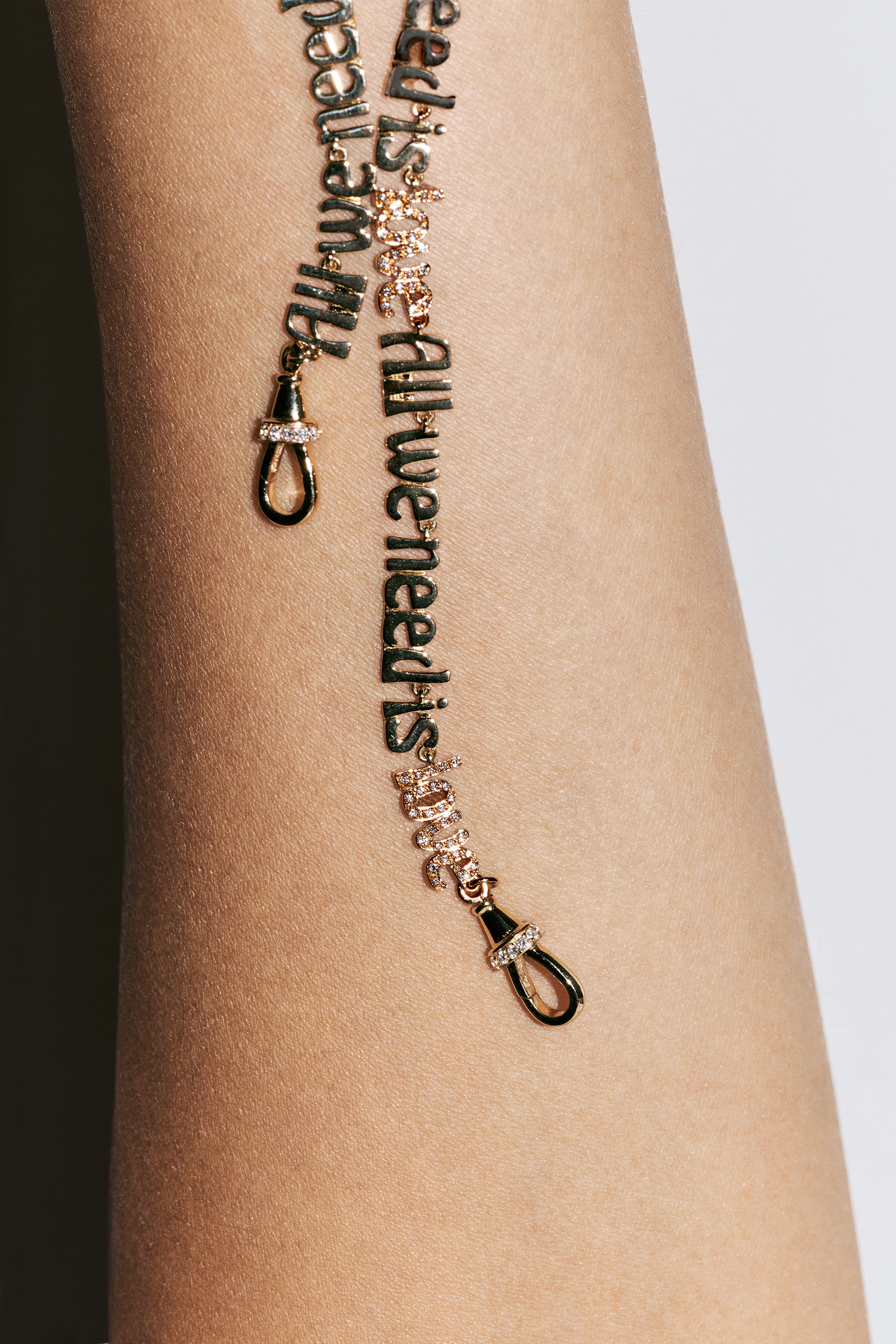 18k yellow gold diamond all we need is love chain link necklace by Marie Lichtenberg Tiny Gods