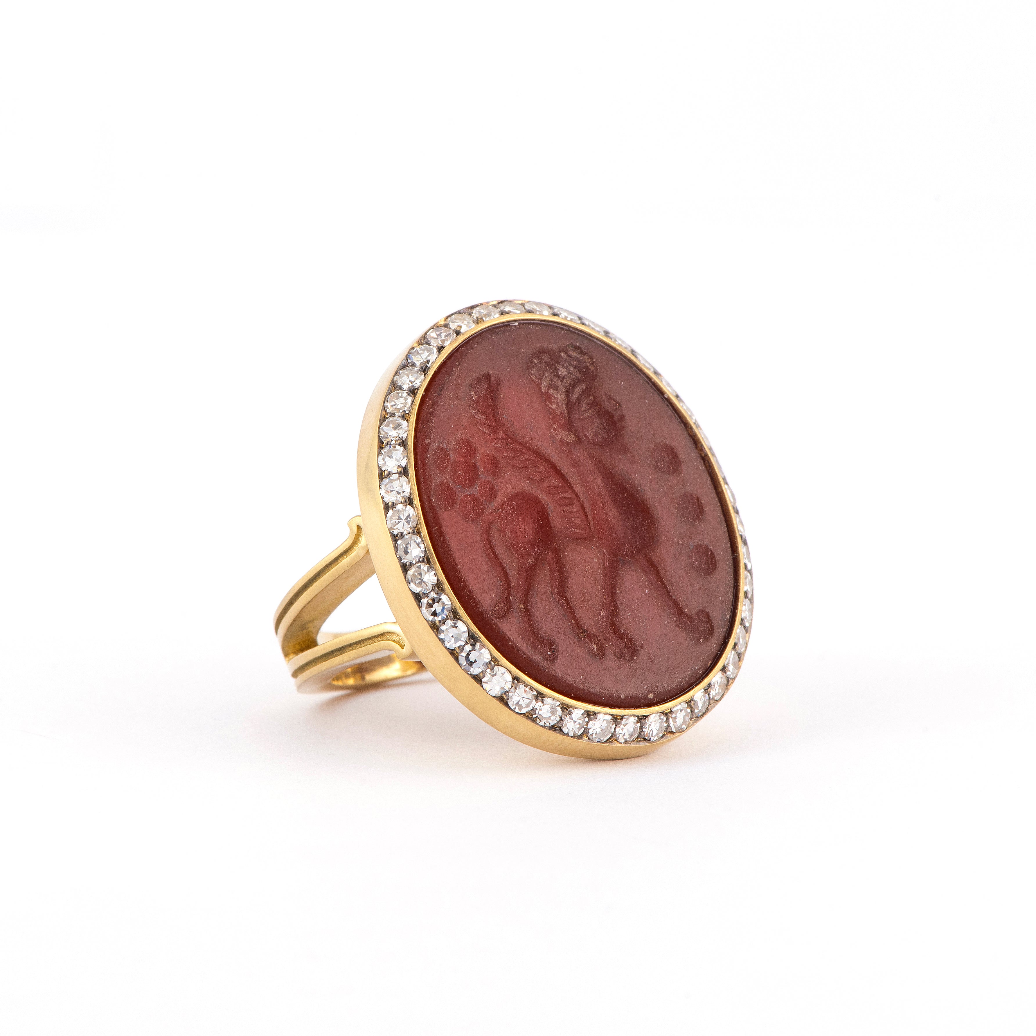 18k yellow gold diamond ancient Mesopotamian seal carved intaglio ring by Sylva & Cie Tiny Gods