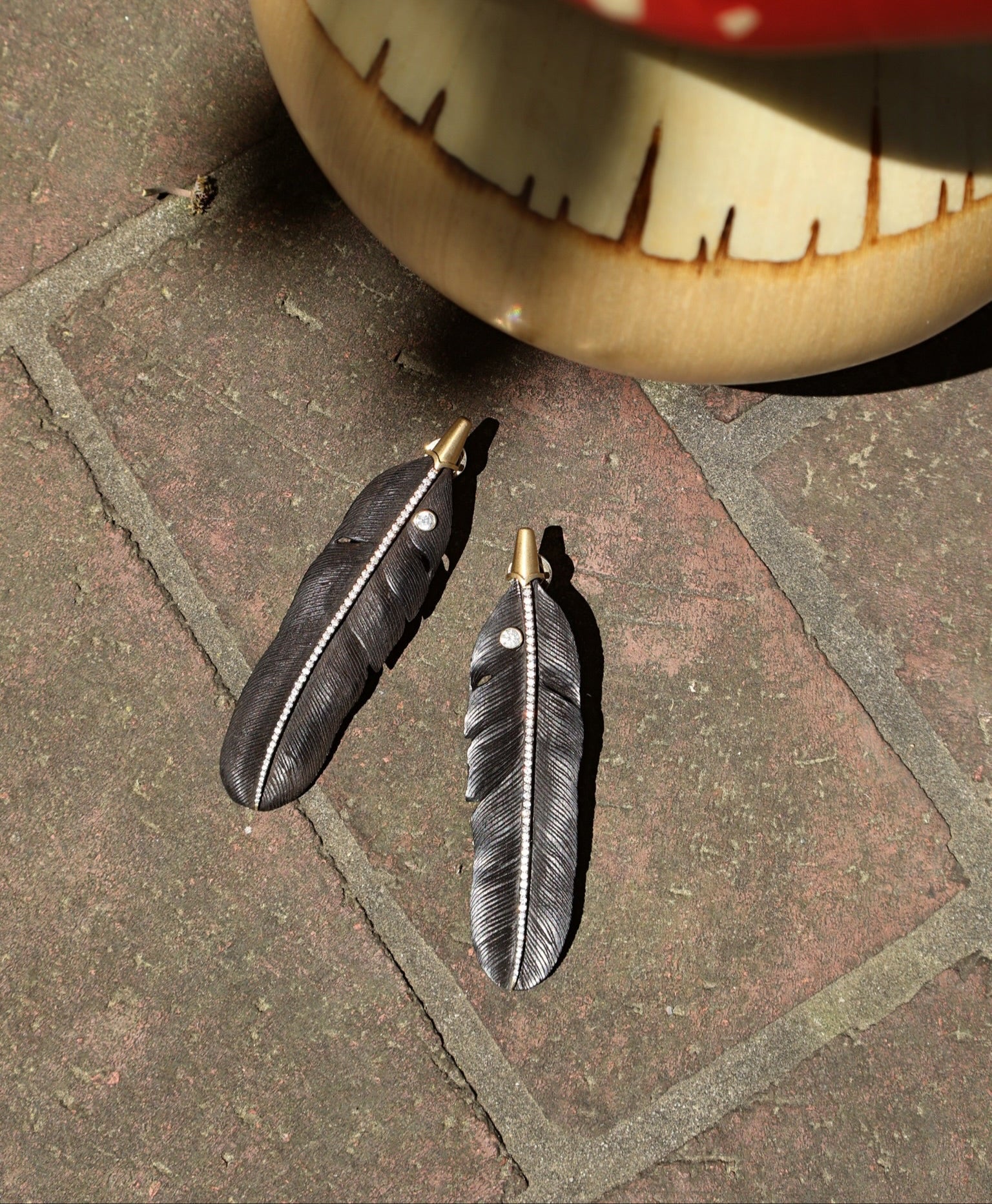 18k yellow gold and diamond wood carved black feather earrings by Silvia Furmanovich Tiny Gods