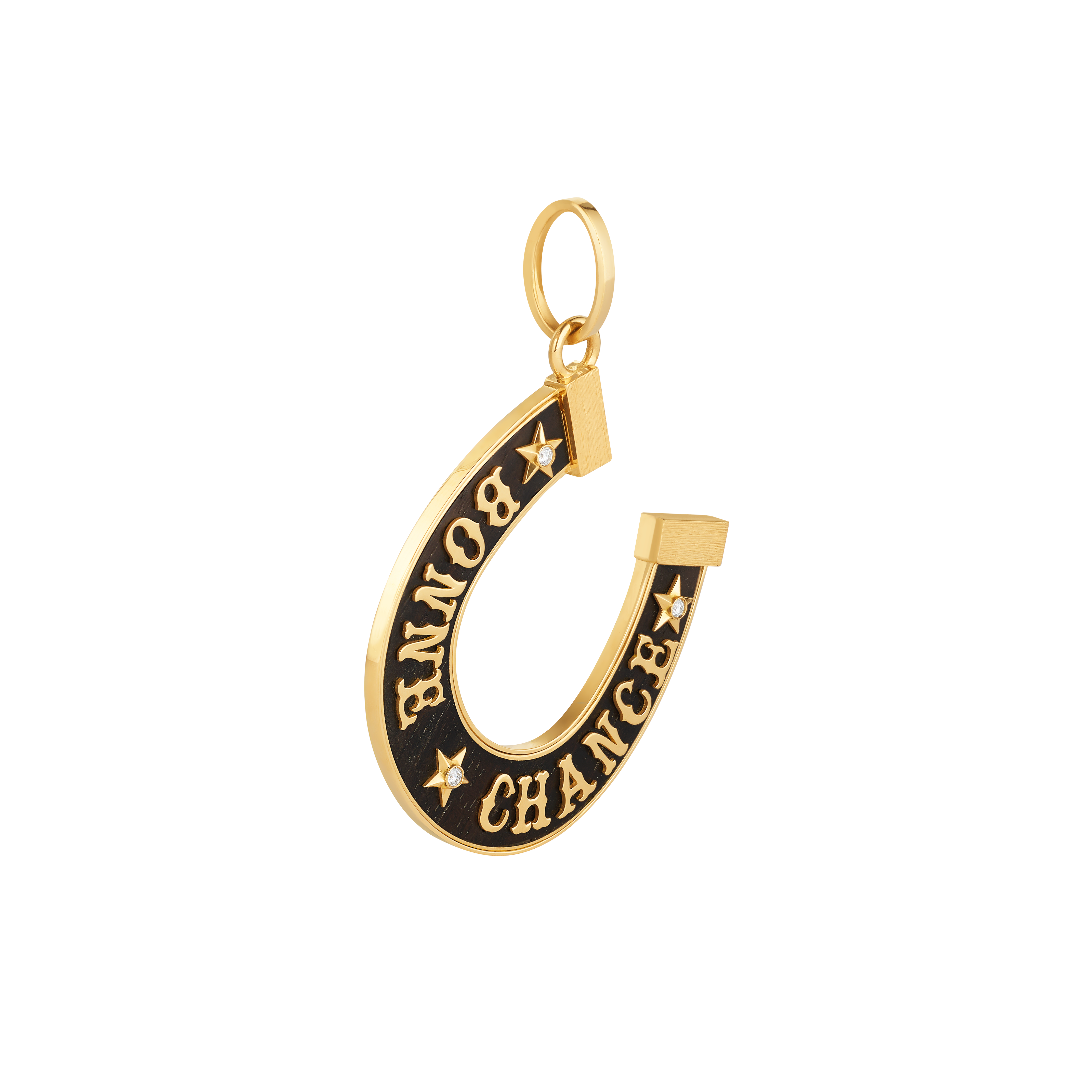 18k yellow gold black ebony wood Bonne Chance horseshoe lucky pendant good luck charm by Marie Lichtenberg Tiny Gods