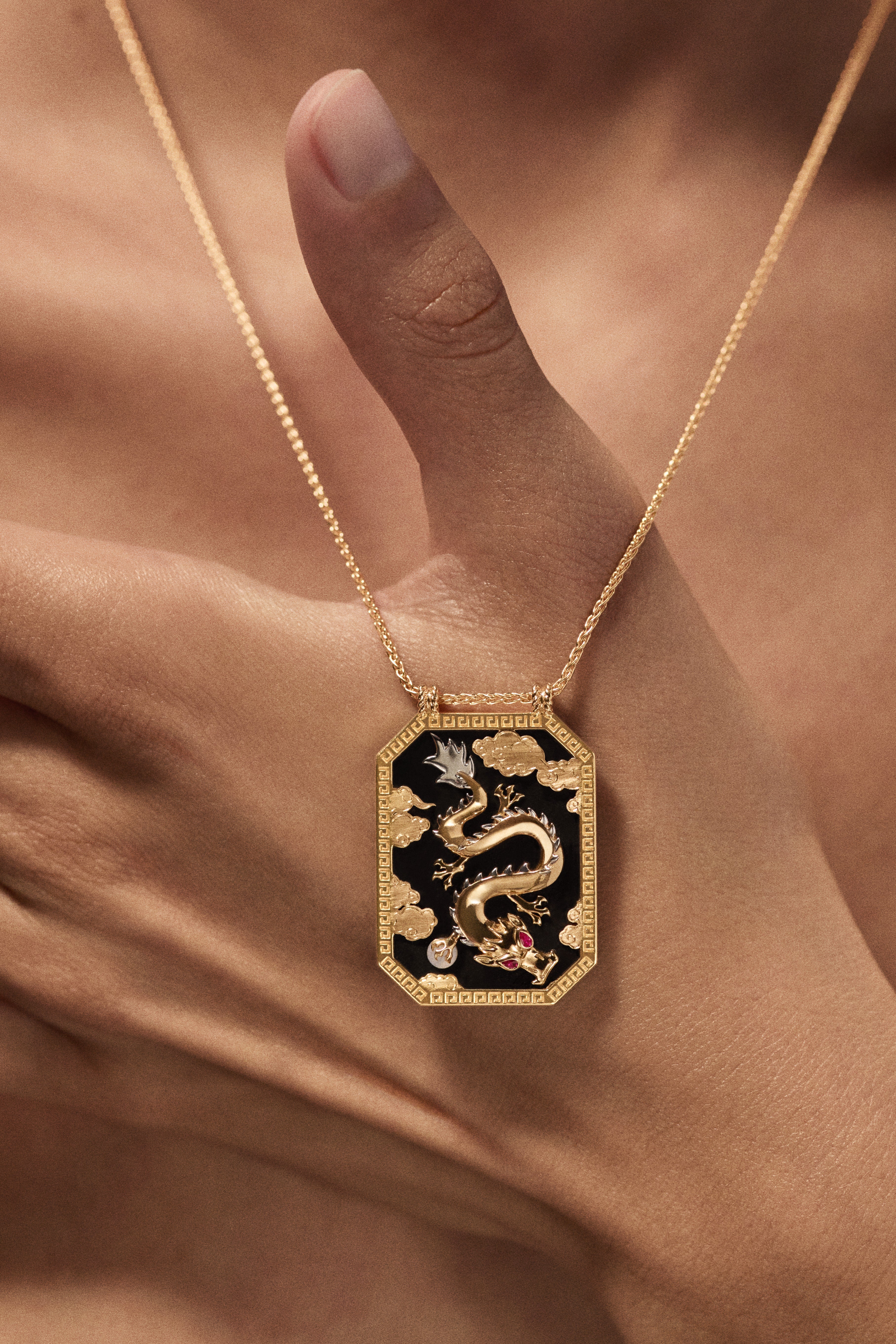 18k yellow gold black ebony wood scapular with GIA certified diamond Touch Wood by Marie Lichtenberg on a chain Tiny Gods