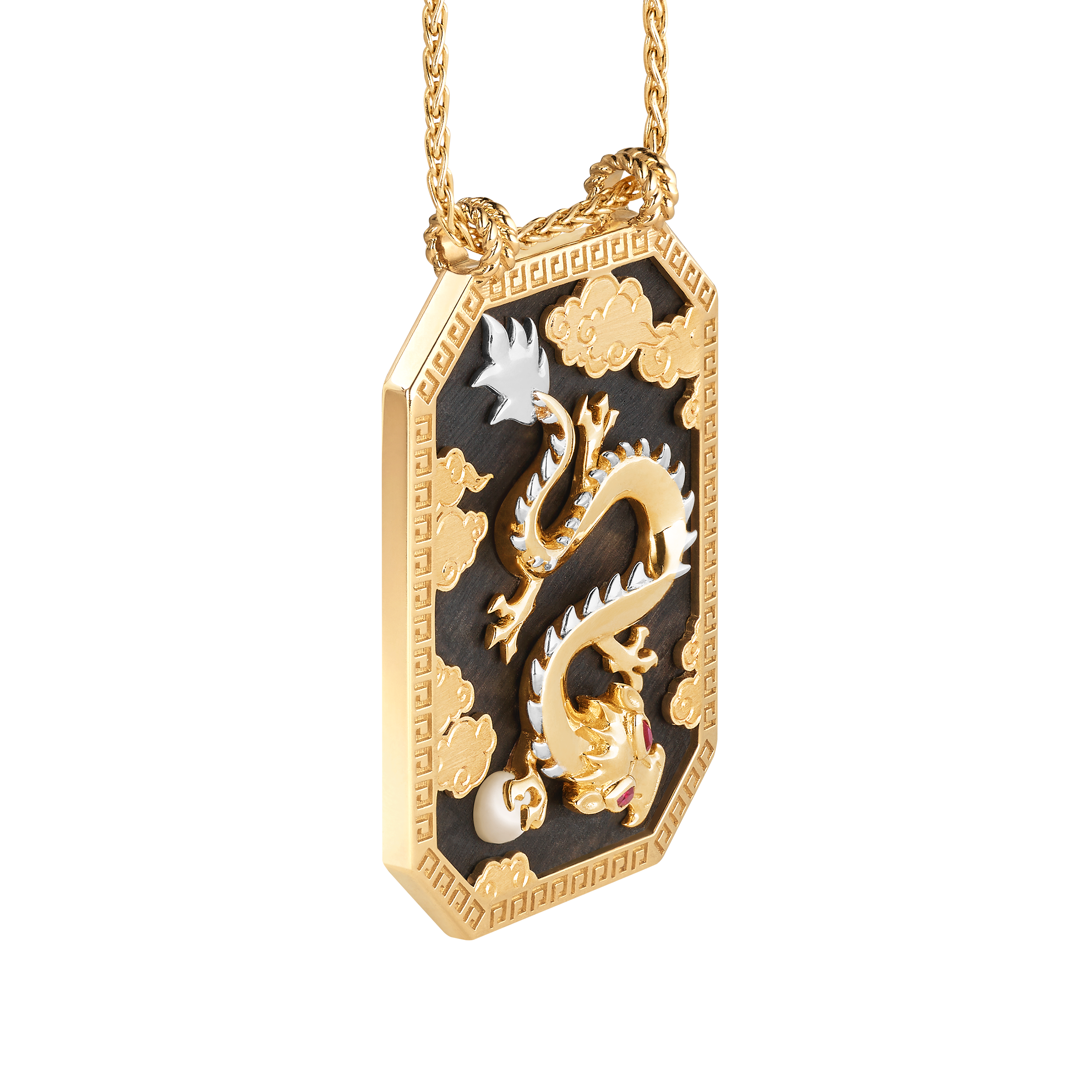 18k yellow gold black ebony wood scapular with GIA certified diamond Touch Wood by Marie Lichtenberg on a chain Tiny Gods