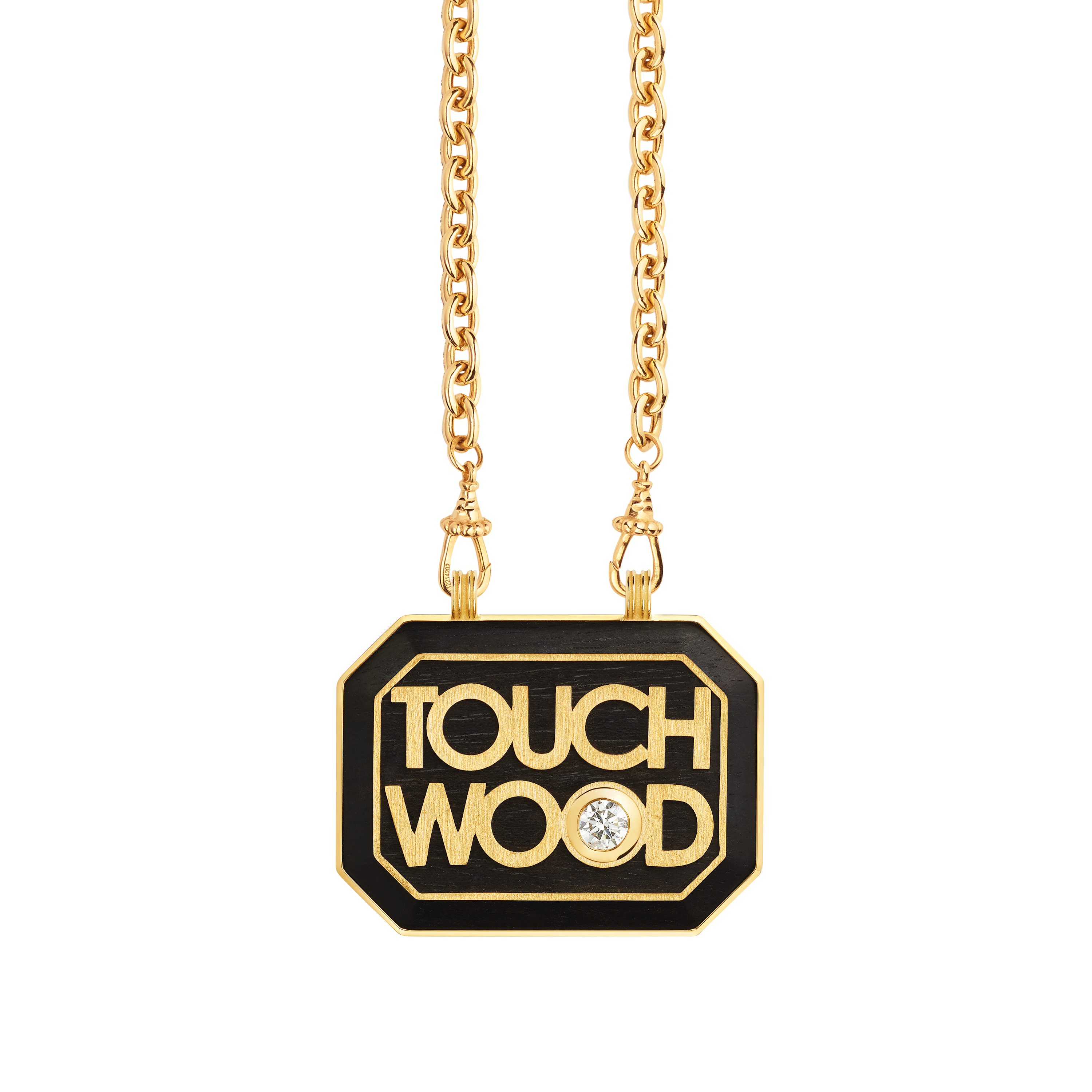 18k yellow gold black ebony wood scapular with GIA certified diamond Touch Wood by Marie Lichtenberg on a chain Tiny Gods