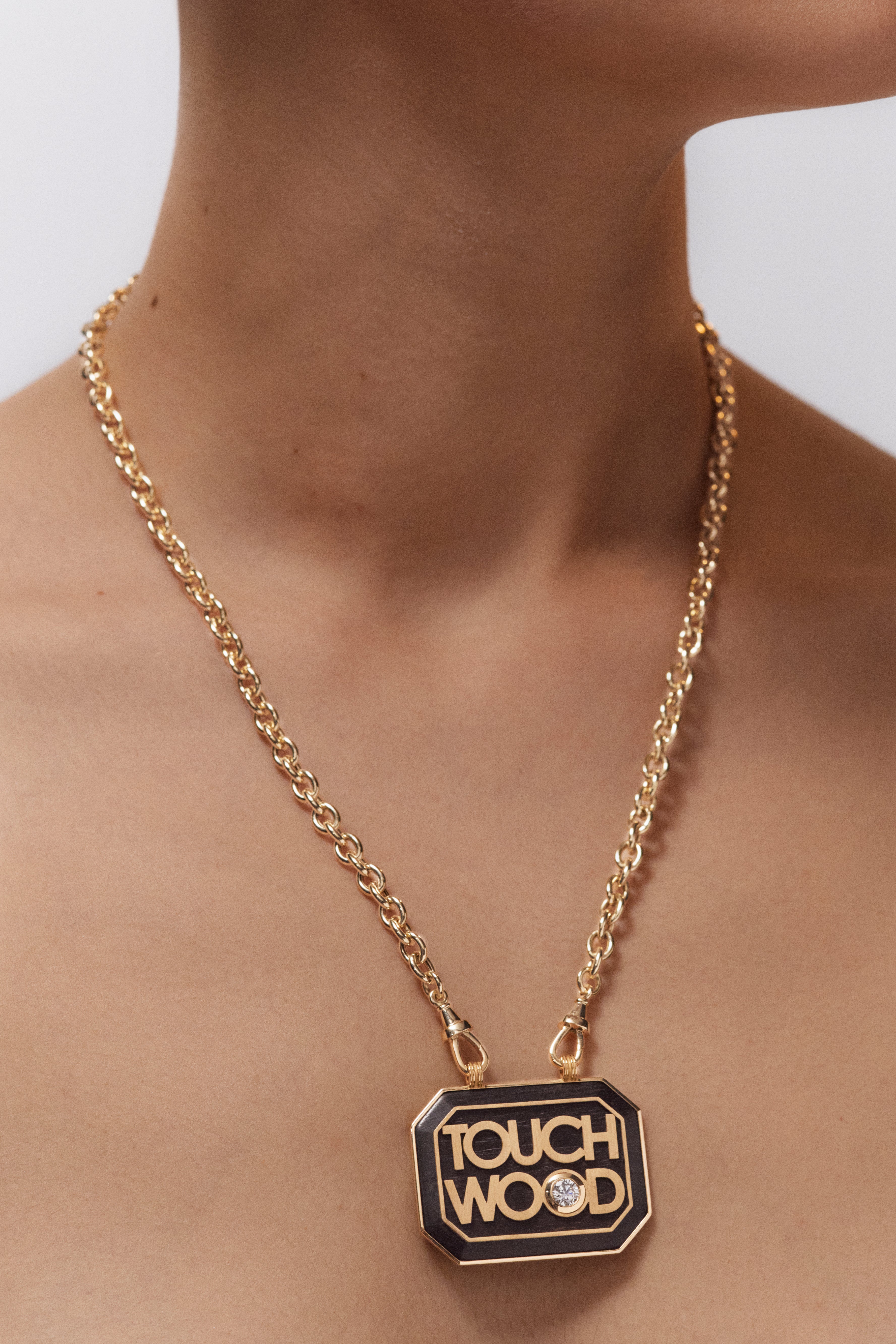 18k yellow gold black ebony wood scapular with GIA certified diamond Touch Wood by Marie Lichtenberg on a chain Tiny Gods