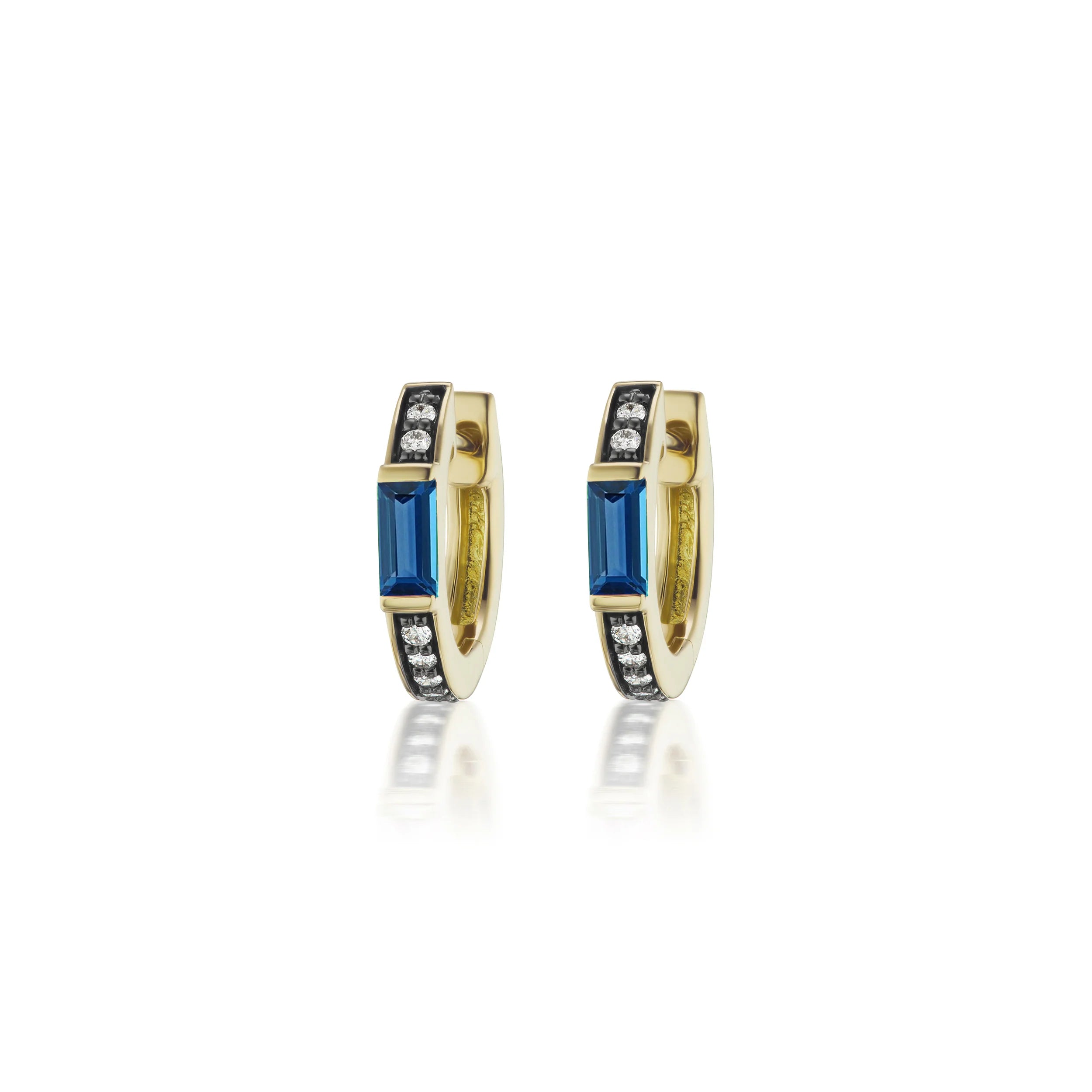 18k yellow gold diamond and blue sapphire Otto huggies with black rhodium detail by Sorellina Tiny Gods