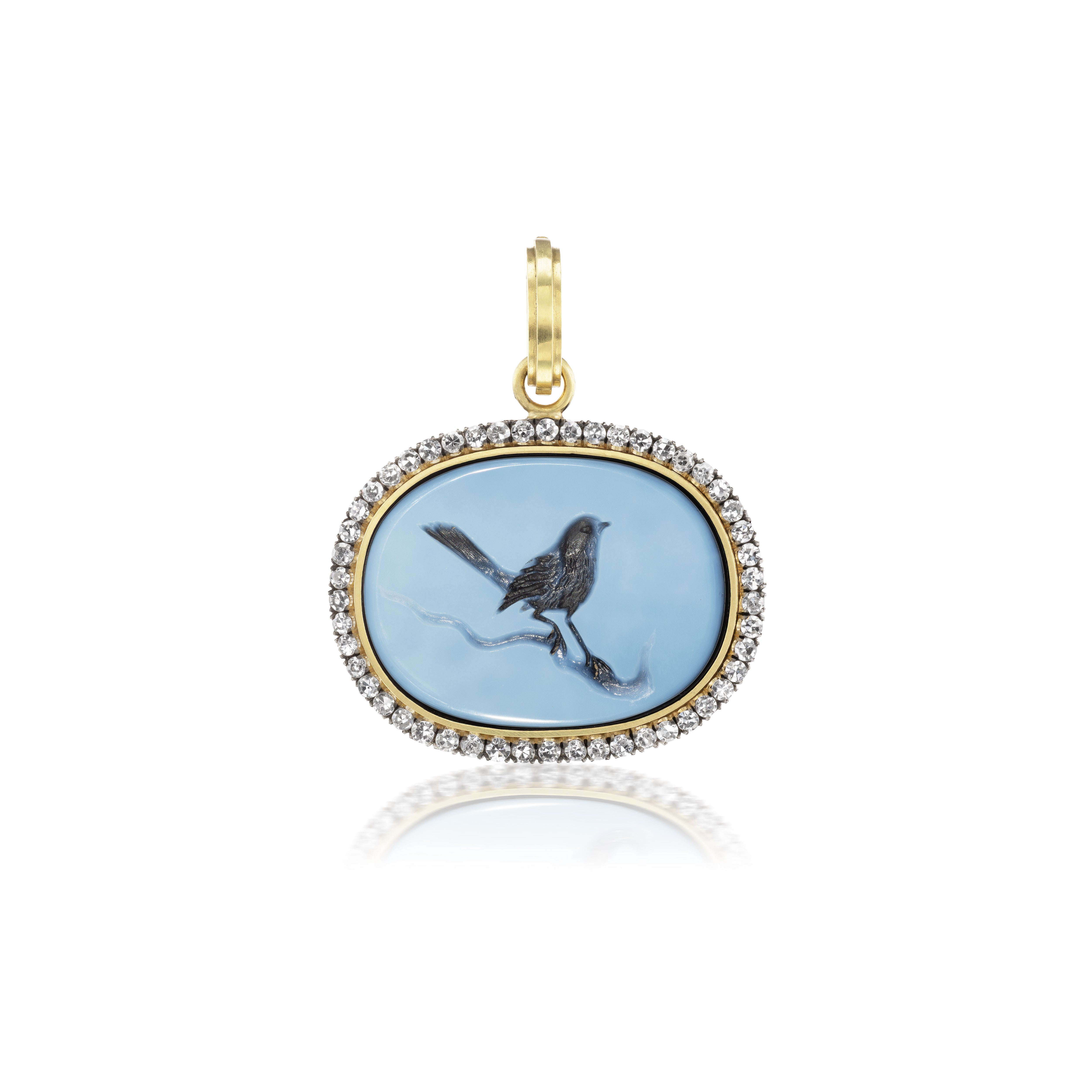 18k yellow gold onyx carved intaglio bird pendant with diamond border by Sylva & Cie Tiny Gods