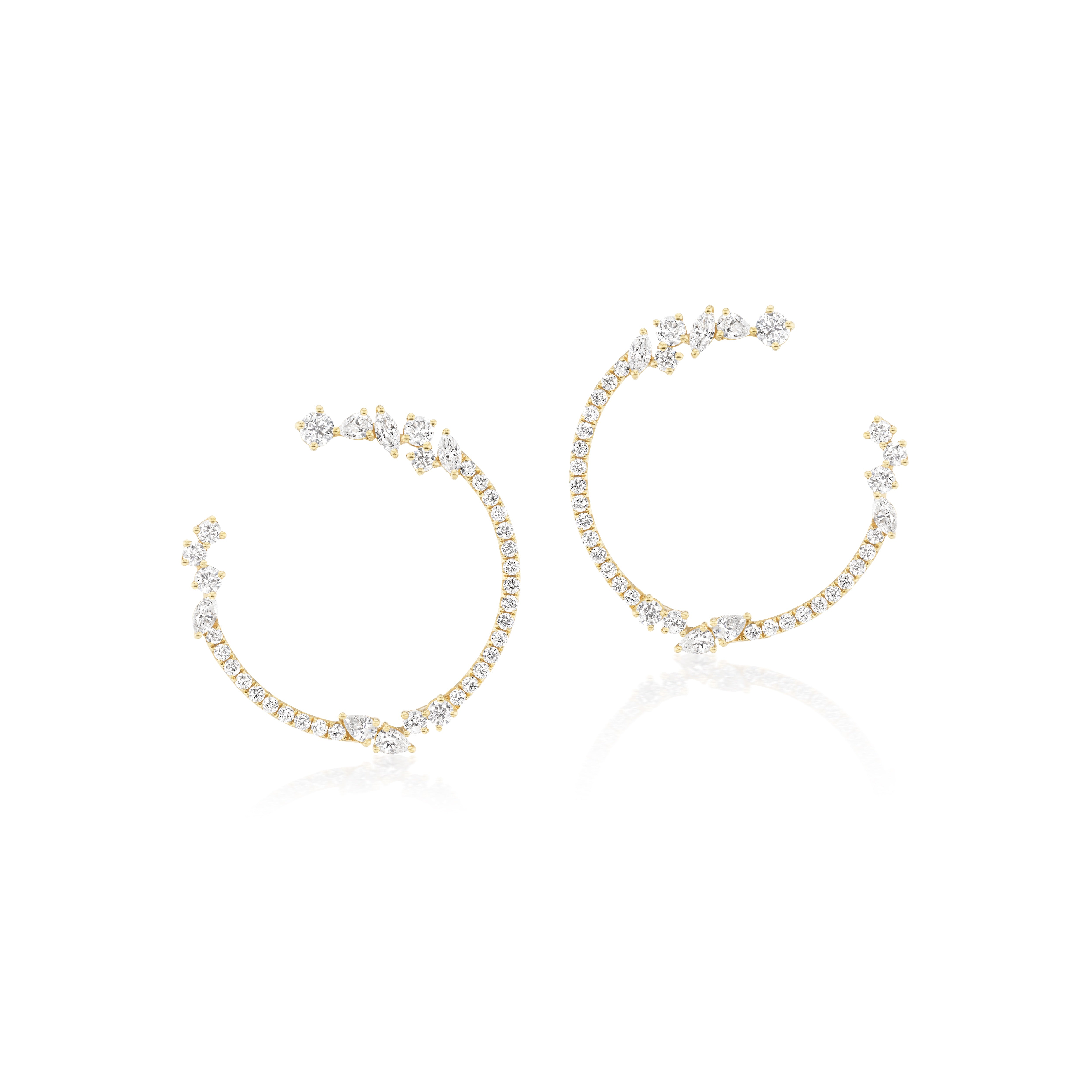 18k yellow gold multi shape diamond pear marquis and round diamond pave c shape forward facing hoop earrings Tiny Gods