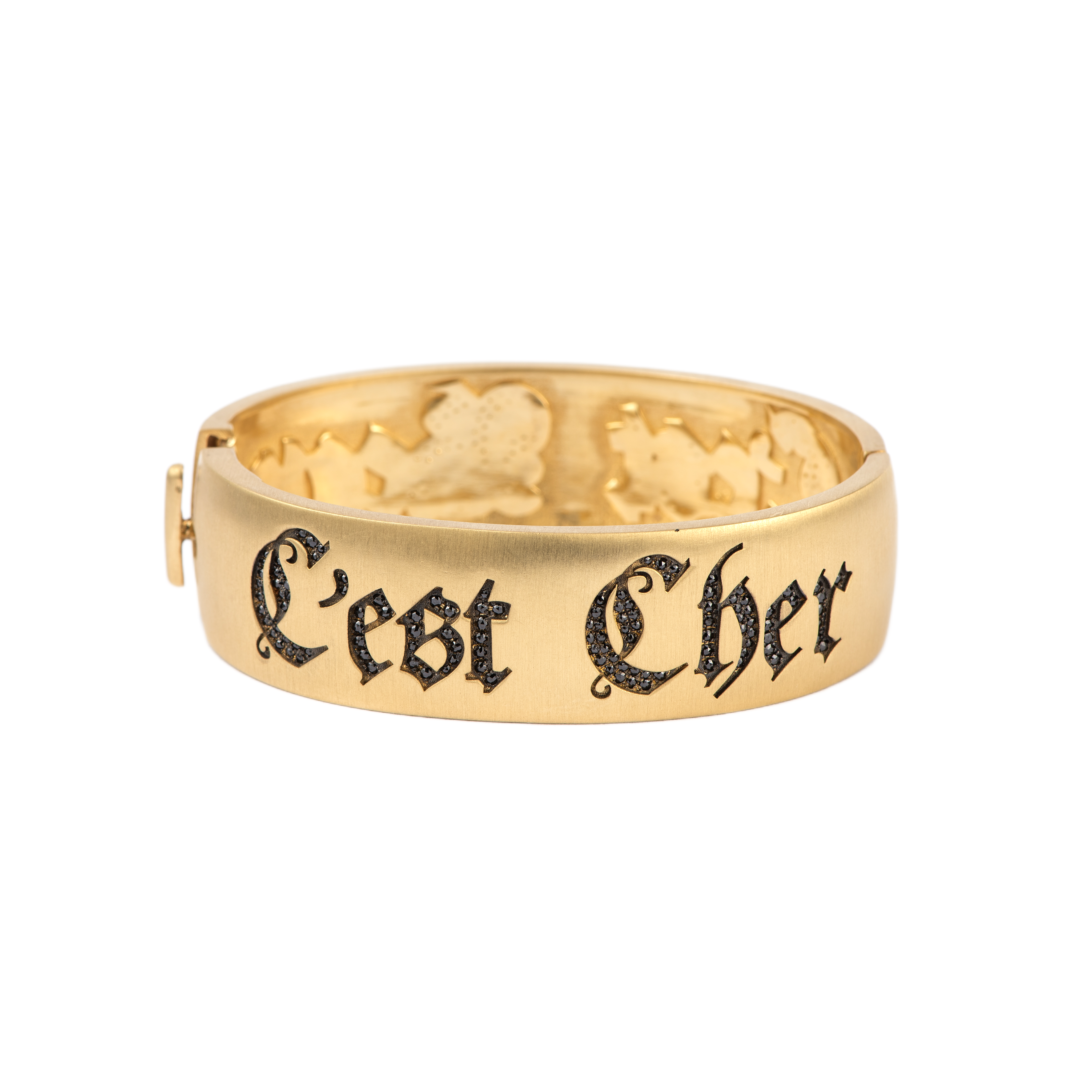 18k yellow gold C'est beau C'est cher black diamond inscription cuff bangle by Sylva & Cie, its beautiful its expensive