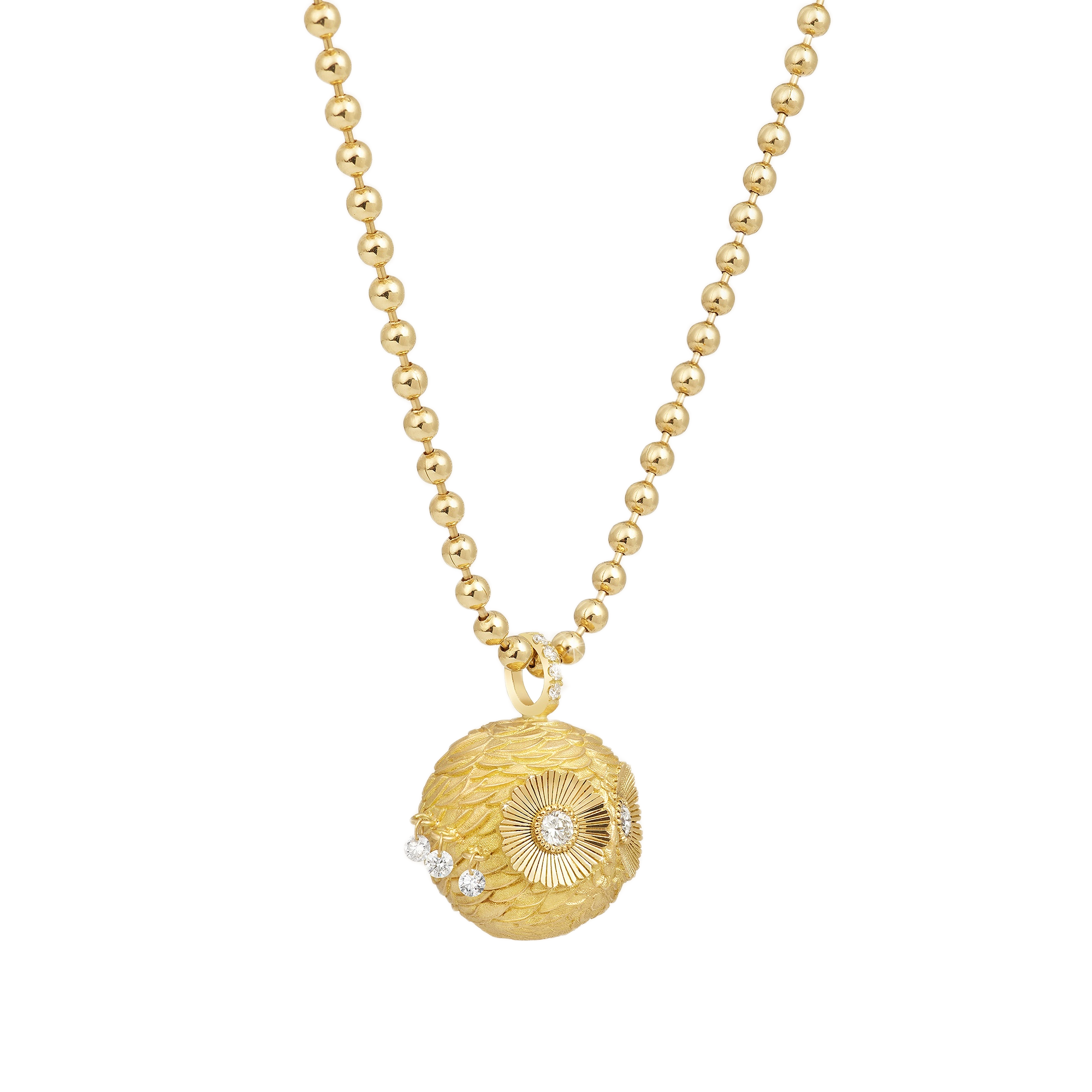 18k yellow gold diamond owl chouette charm pendant with diamond wings round by Salome Rico Tiny Gods