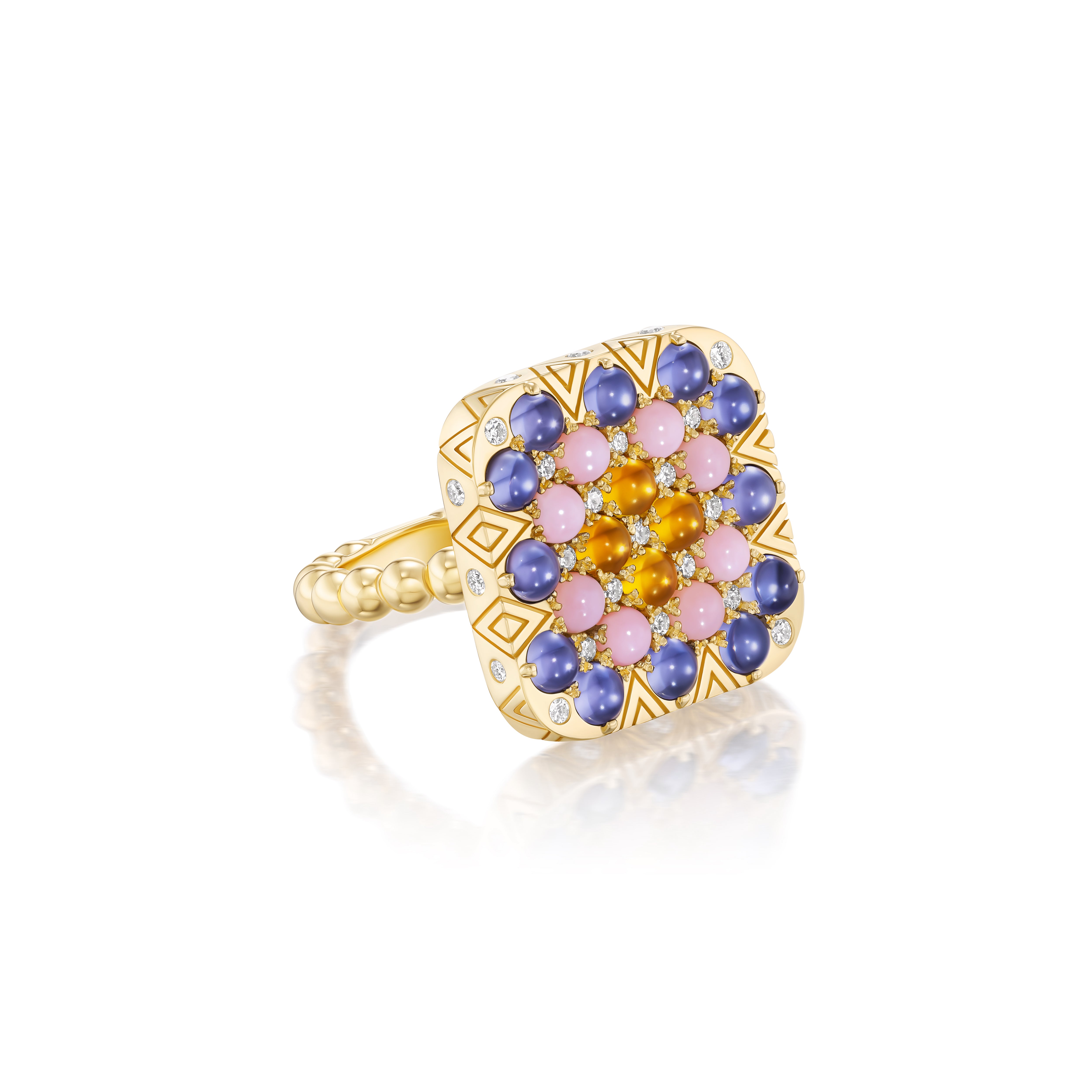 18k yellow gold Bettina iolite pink opal and citrine diamond gray square quilt ring by Harwell Godfrey Tiny Gods