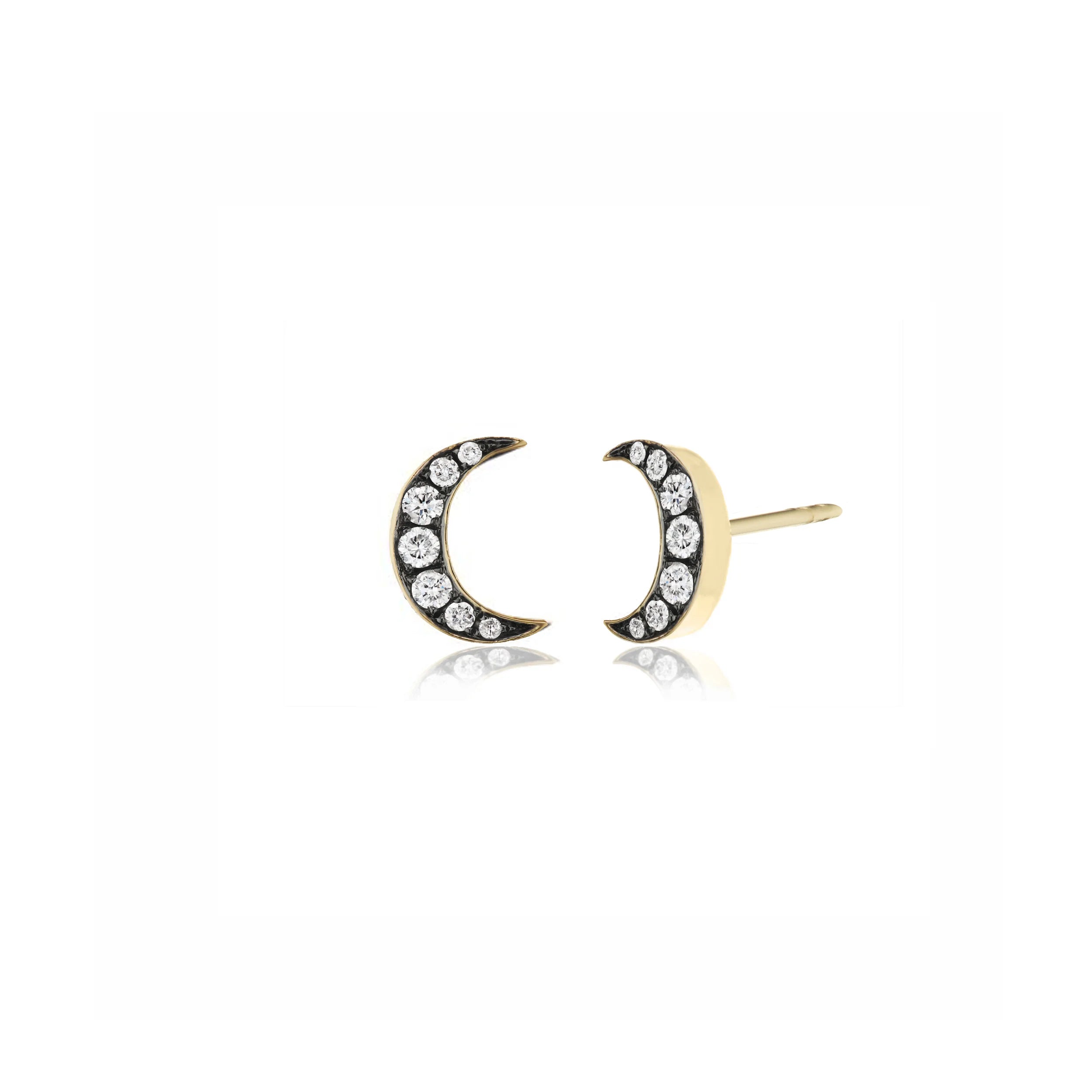 18k yellow gold crescent moon studs with black rhodium detail and diamonds by Sorellina Tiny Gods