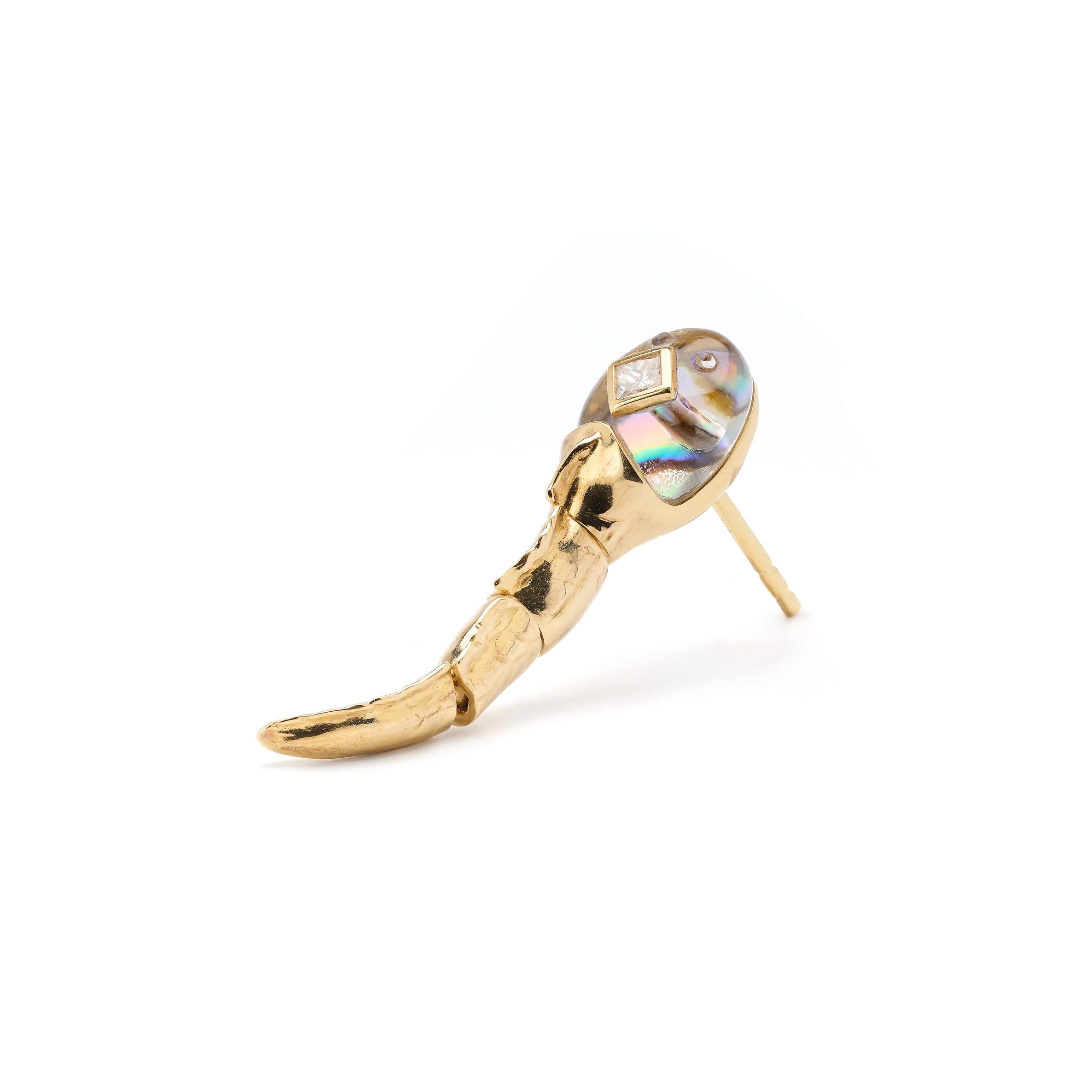 18k yellow gold diamond crystal carved abalone shell tadpole earring by Bibi van der Velden Tiny Gods