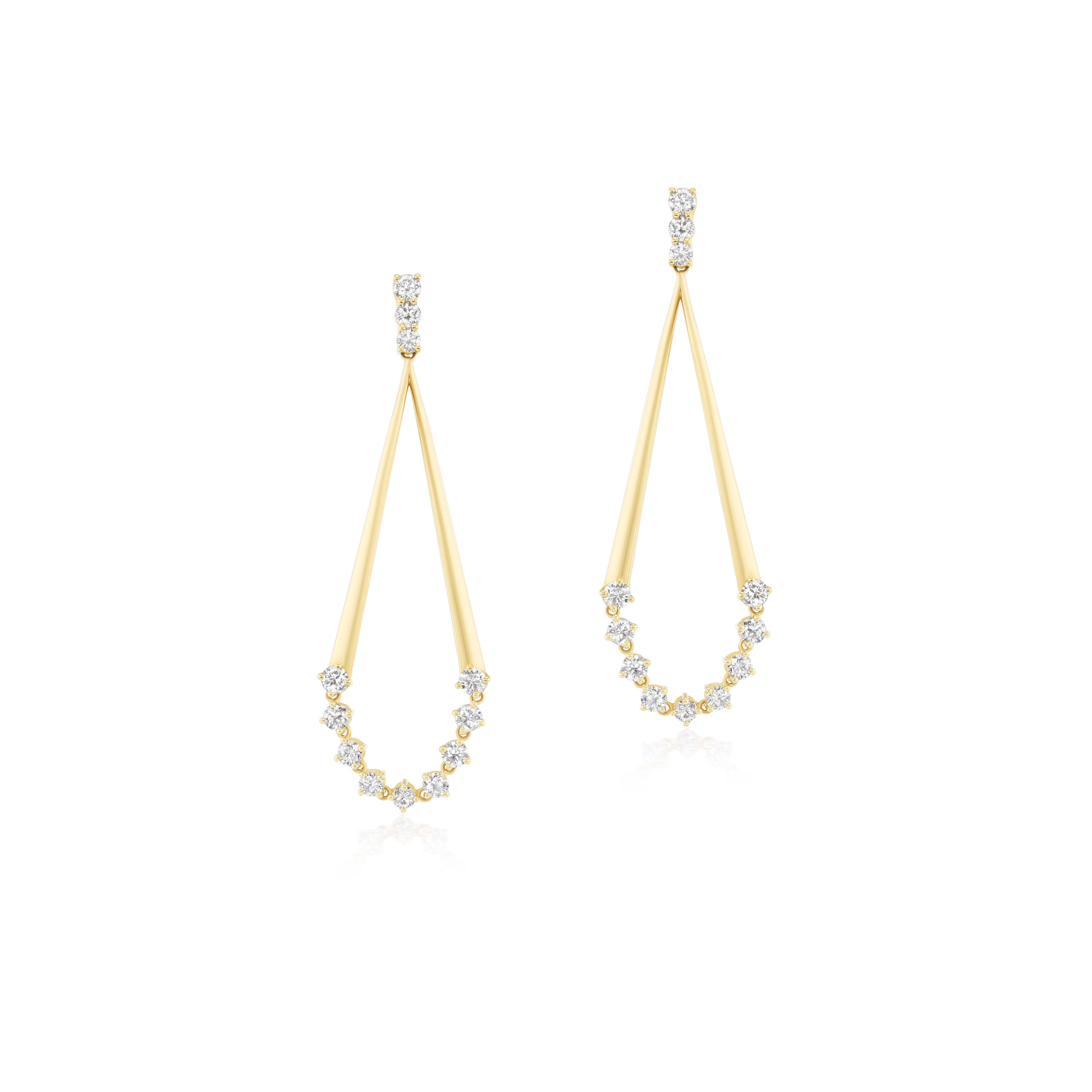 18k yellow gold round diamond pyramid dangle curve drop earrings scintillate Tiny Gods