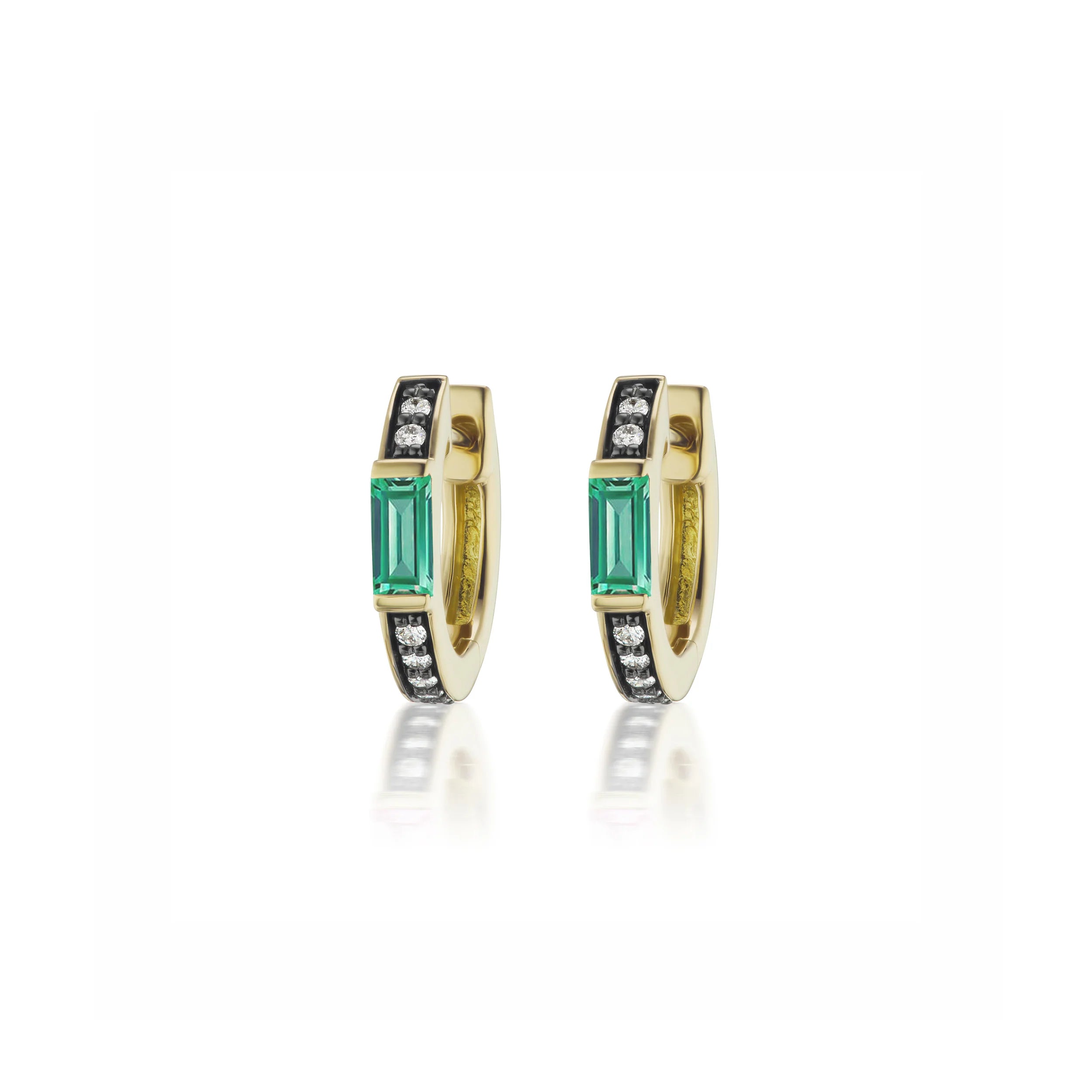 18k yellow gold otto earrings with emerald, diamonds and black rhodium detail by Sorellina