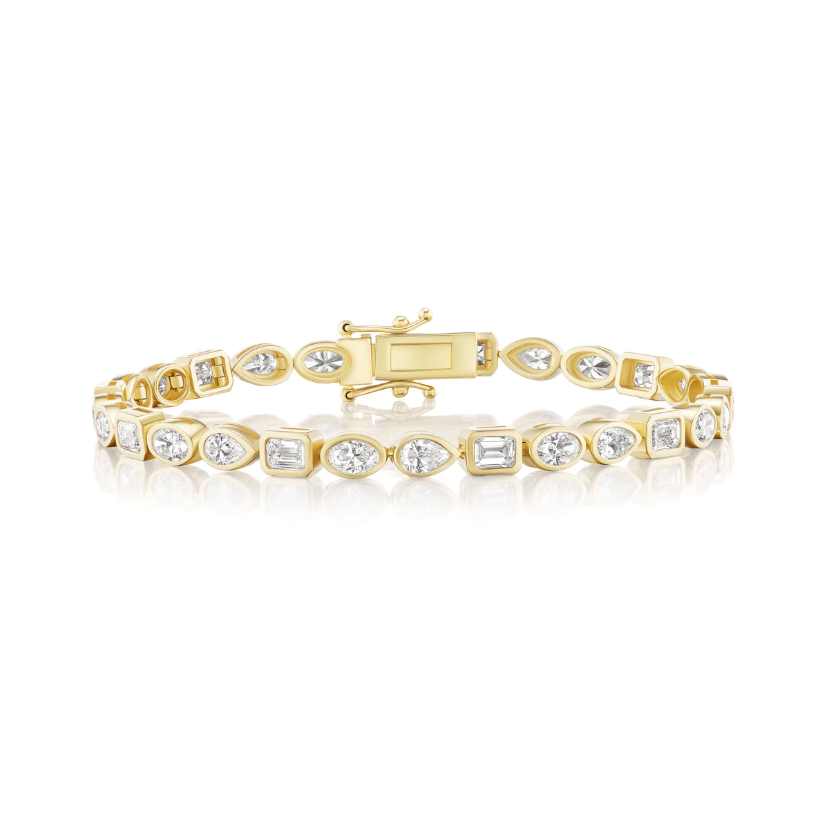 yellow gold bezel set multi shape diamond tennis bracelet