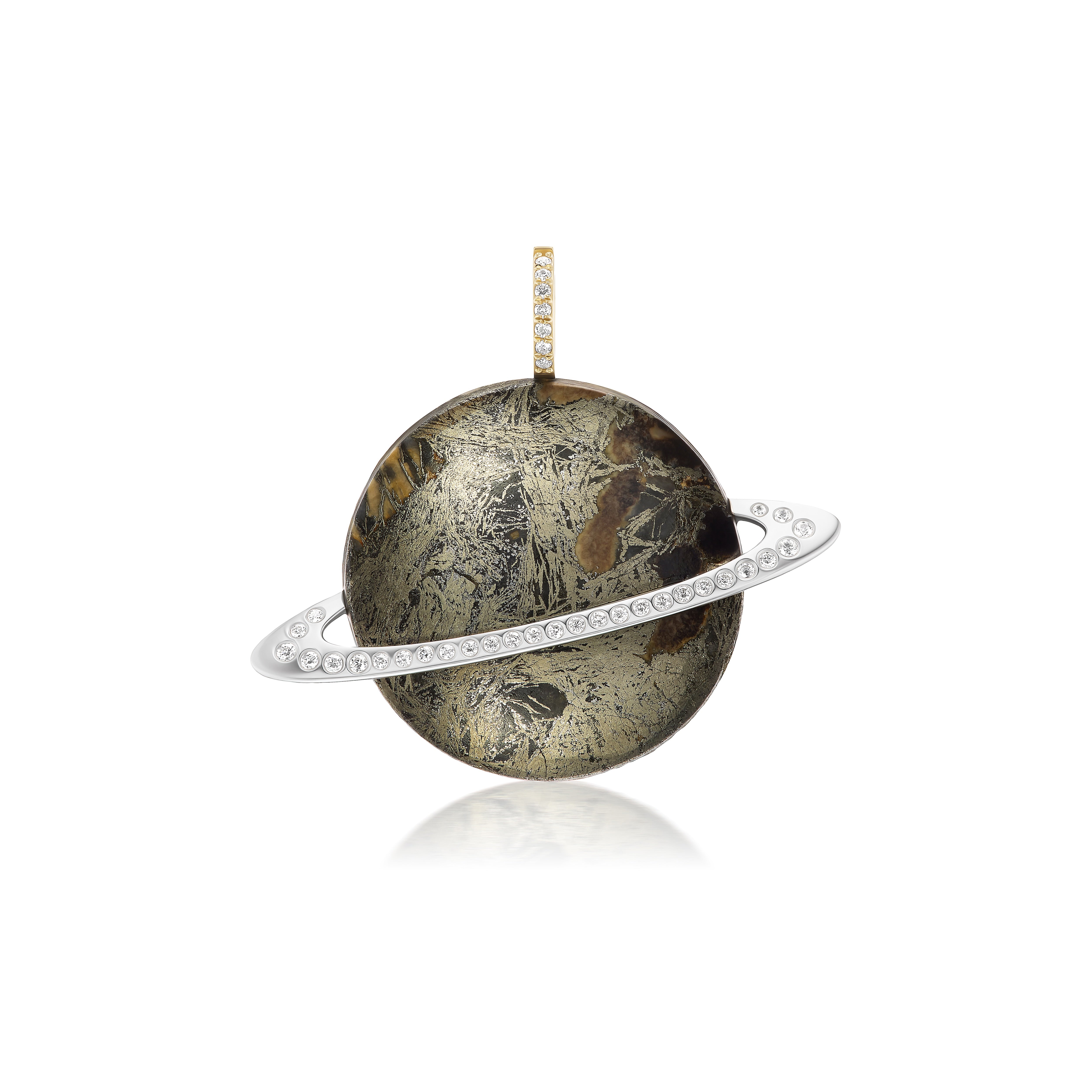 18k yellow gold diamond feather pyrite, Saturn diamond ring pendant, charm by Violette Joaillerie, Tiny Gods