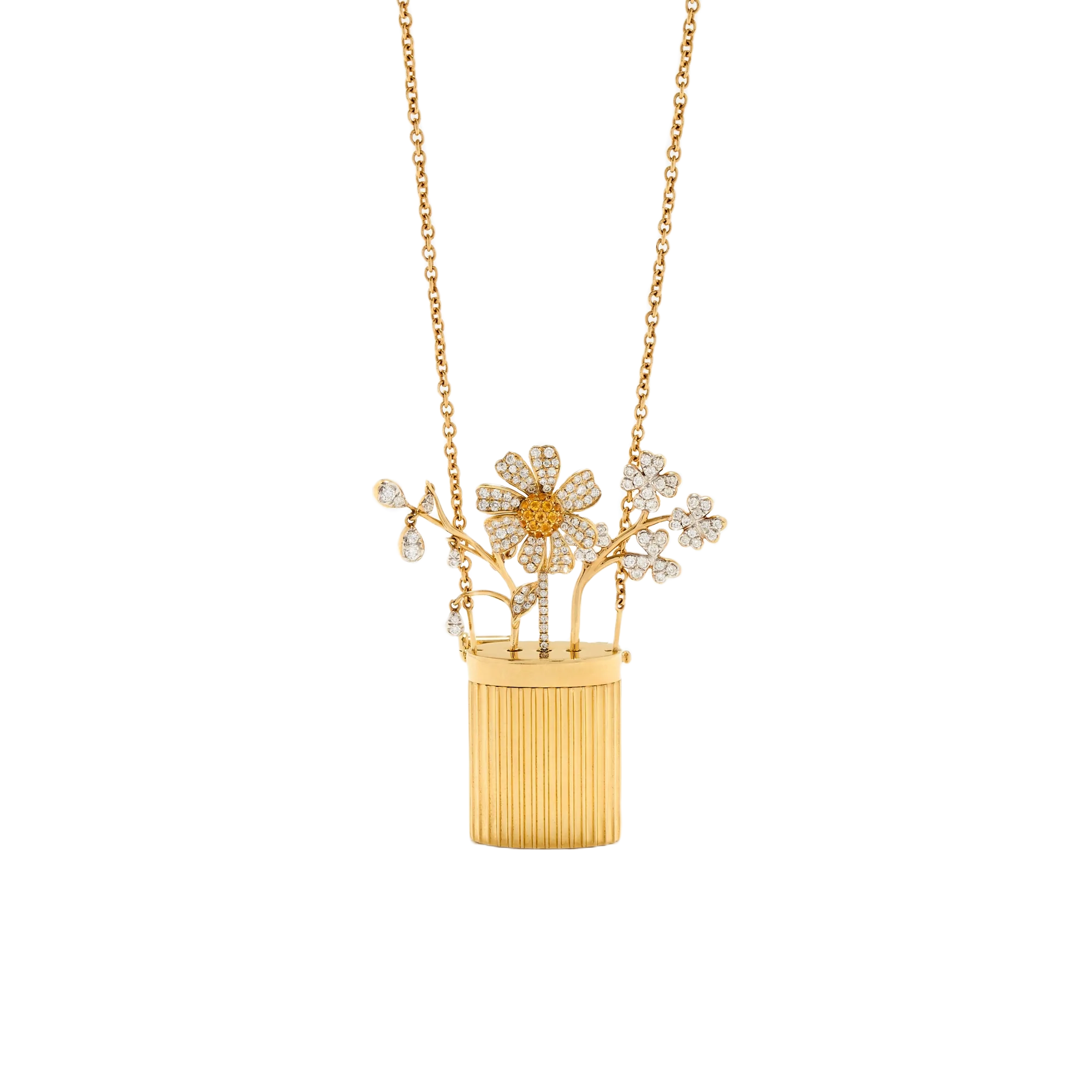 Yellow gold and diamond flower vase brooch pendant necklace with flower stem holder by Yvonne Leon and Tiny Gods