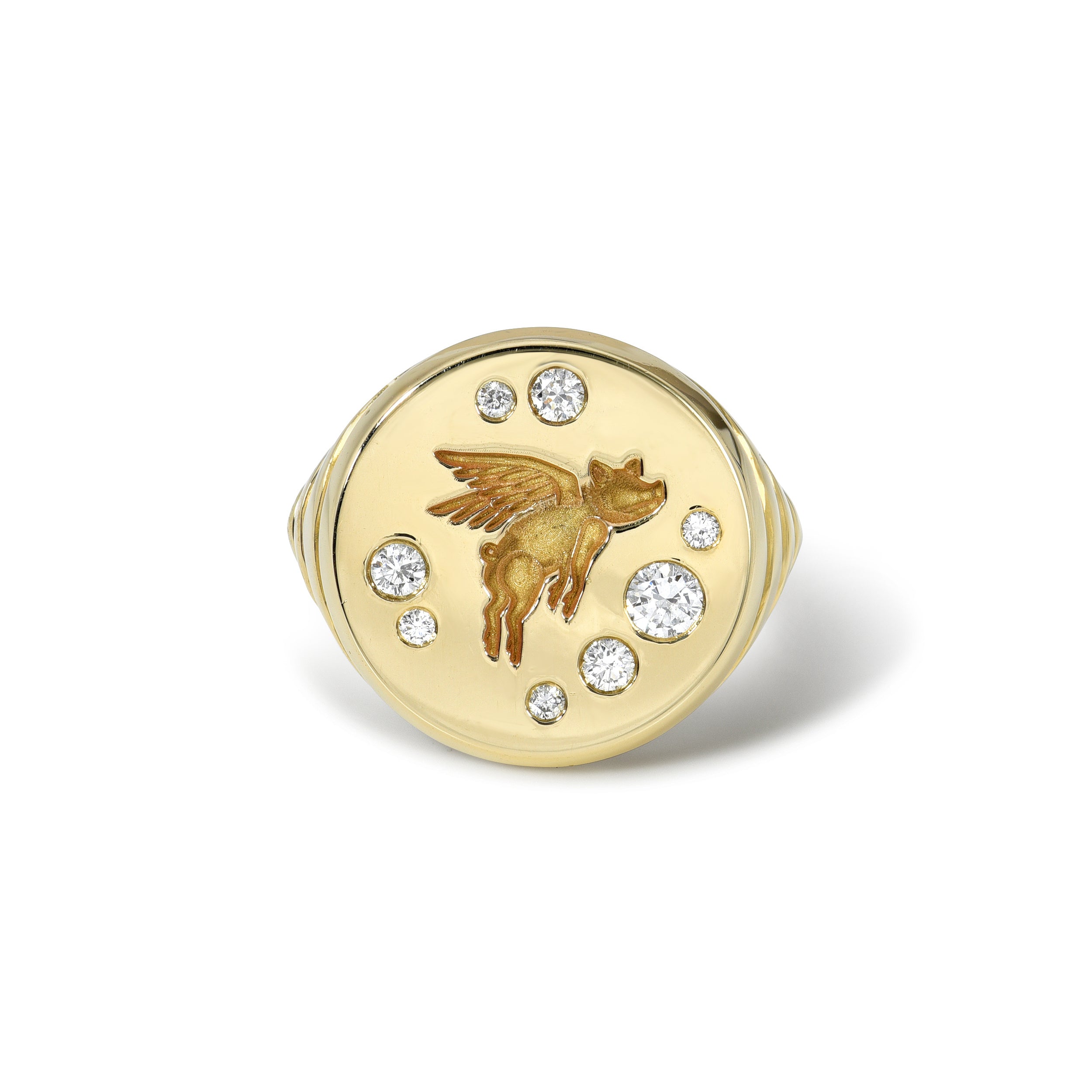 14k yellow gold diamond flying pig anything is possible fantasy ring by retrouvai Signet Tiny Gods