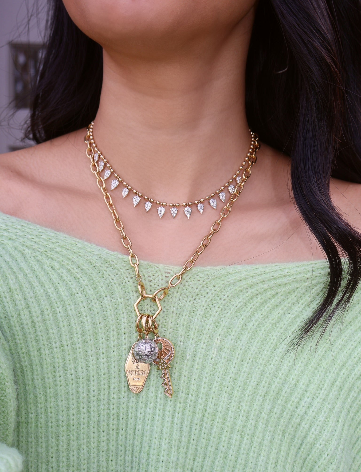 14k yellow gold diamond teardrop fringe necklace ball chain Tiny Gods