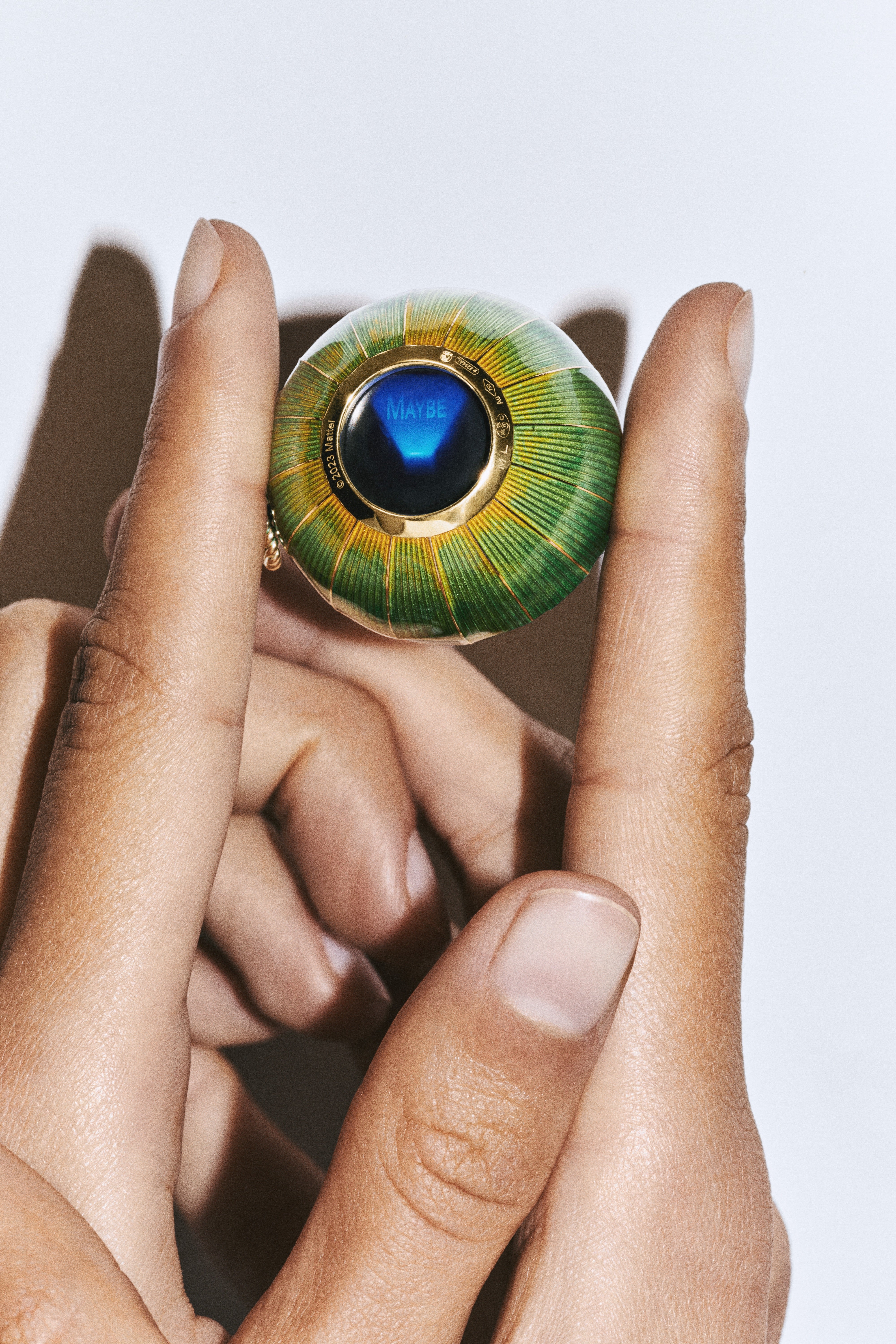 18k yellow gold green diamond magic 8 ball charm pendant necklace on an Indian chain by Marie Lichtenberg Tiny Gods